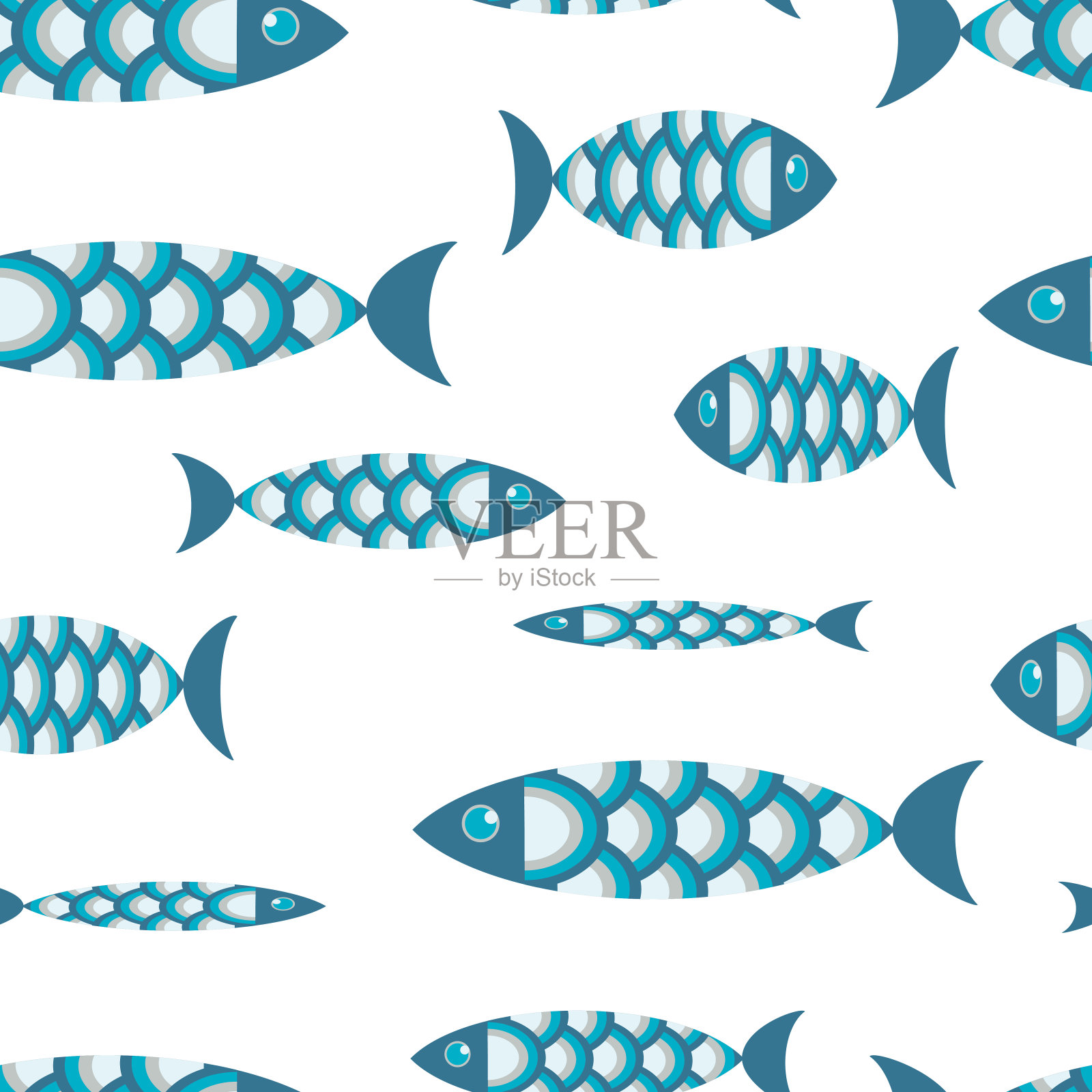 白色背景上有创意的蓝鱼。可爱的海洋无缝图案，用于织物，纸张，包装，设计，室内，儿童装饰。矢量图形。插画图片素材