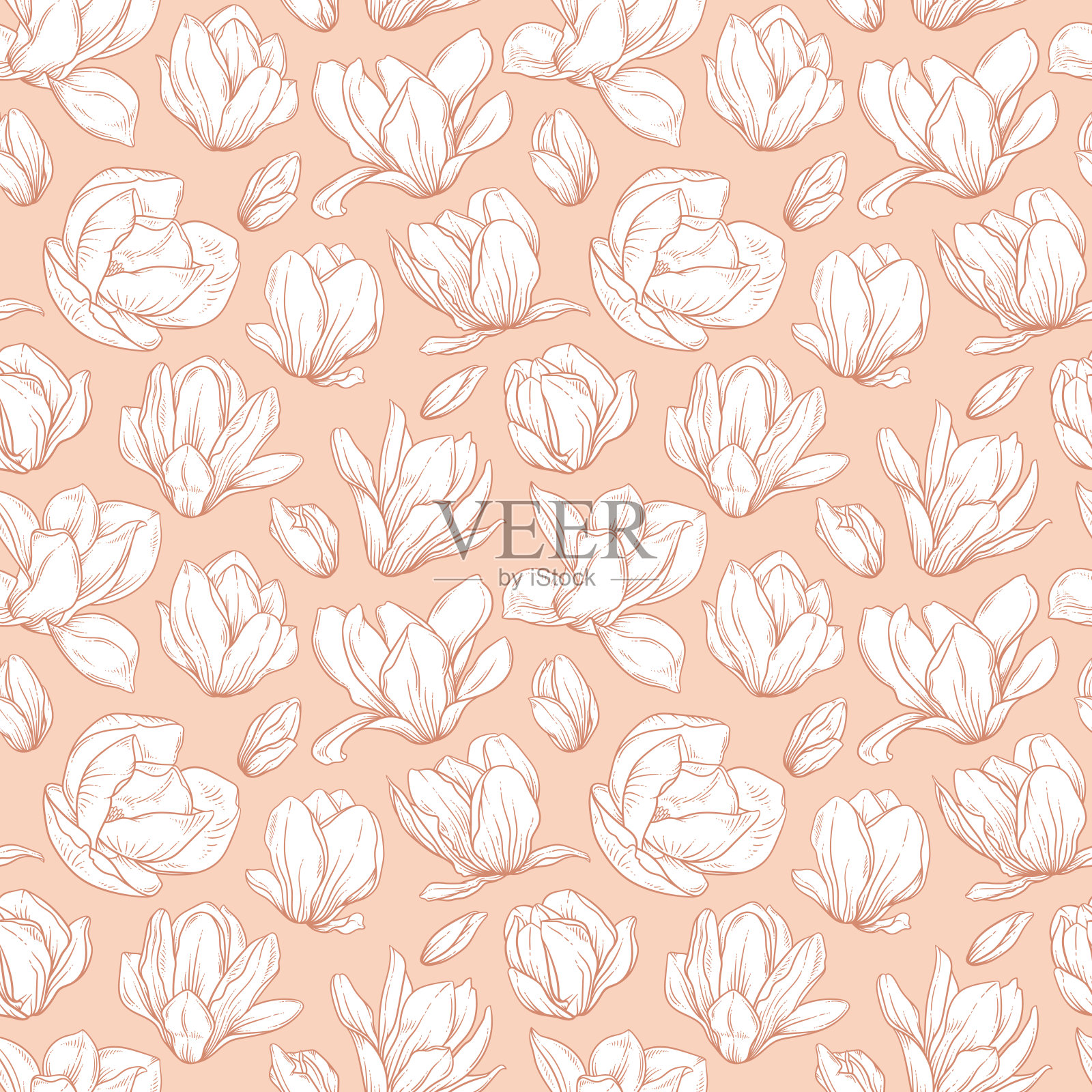 无缝图案与盛开的玉兰花在素描风格。插画图片素材