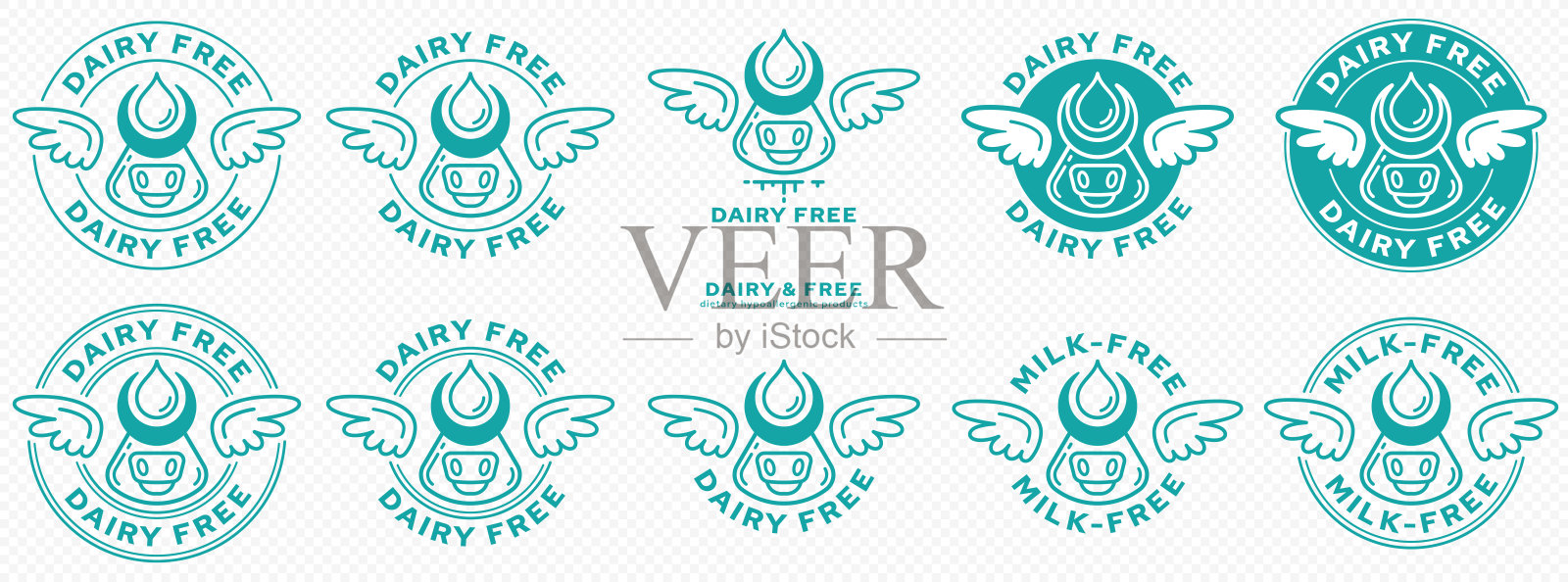 概念上的邮票。标签-无乳制品。带有翅膀、牛头、牛角和免费牛奶滴的品牌象征着从牛奶中解放出来。向量组插画图片素材