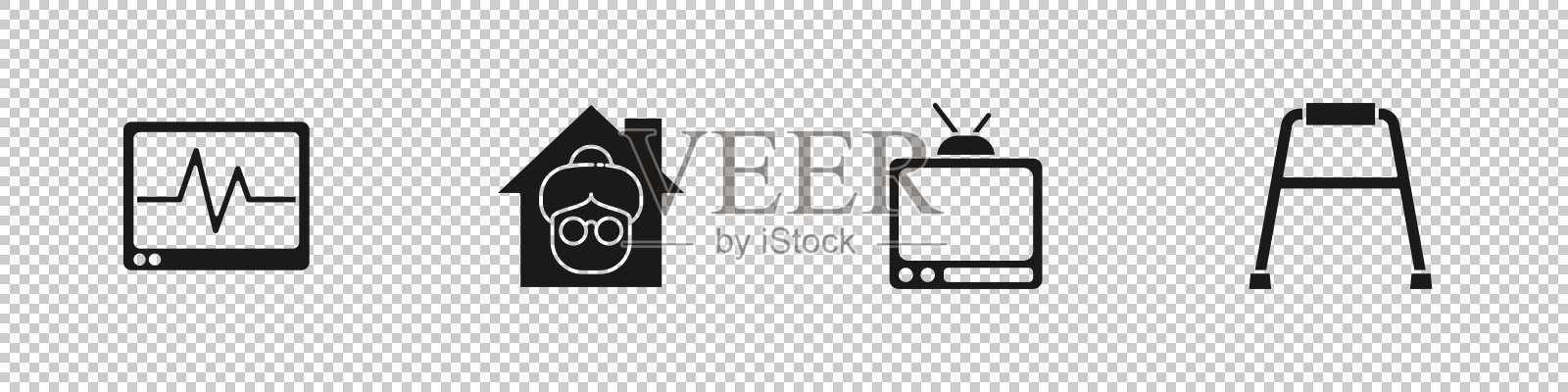 设置监视器与心电图，疗养院，复古电视和沃克图标。向量图标素材
