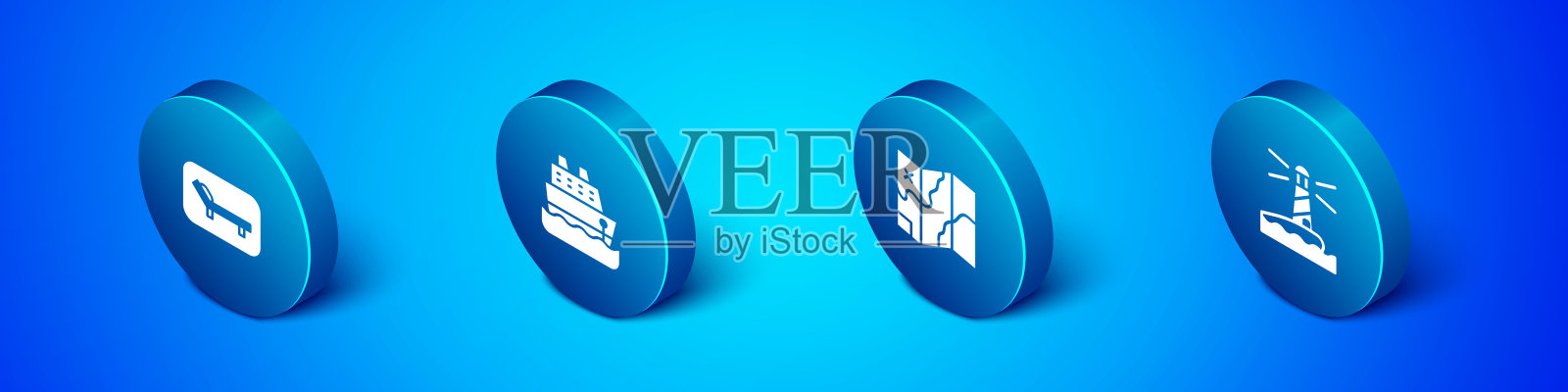 设置等距太阳床和伞，折叠地图，灯塔和游轮图标。向量图标素材