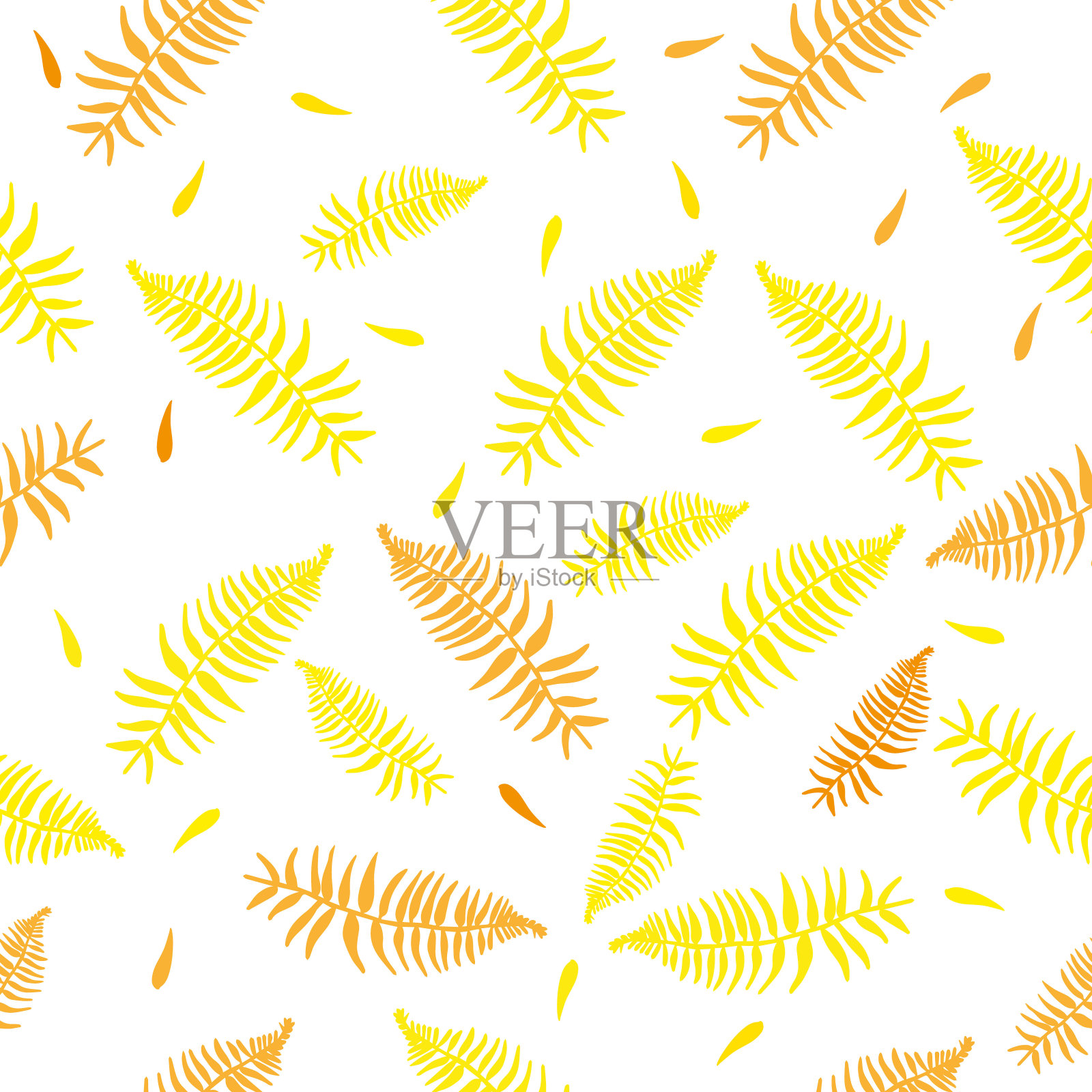 蕨叶的无缝图案。植物插图的各种形状和阴影的黄色。隔离白色，用于纺织和包装纸。股票插图。插画图片素材
