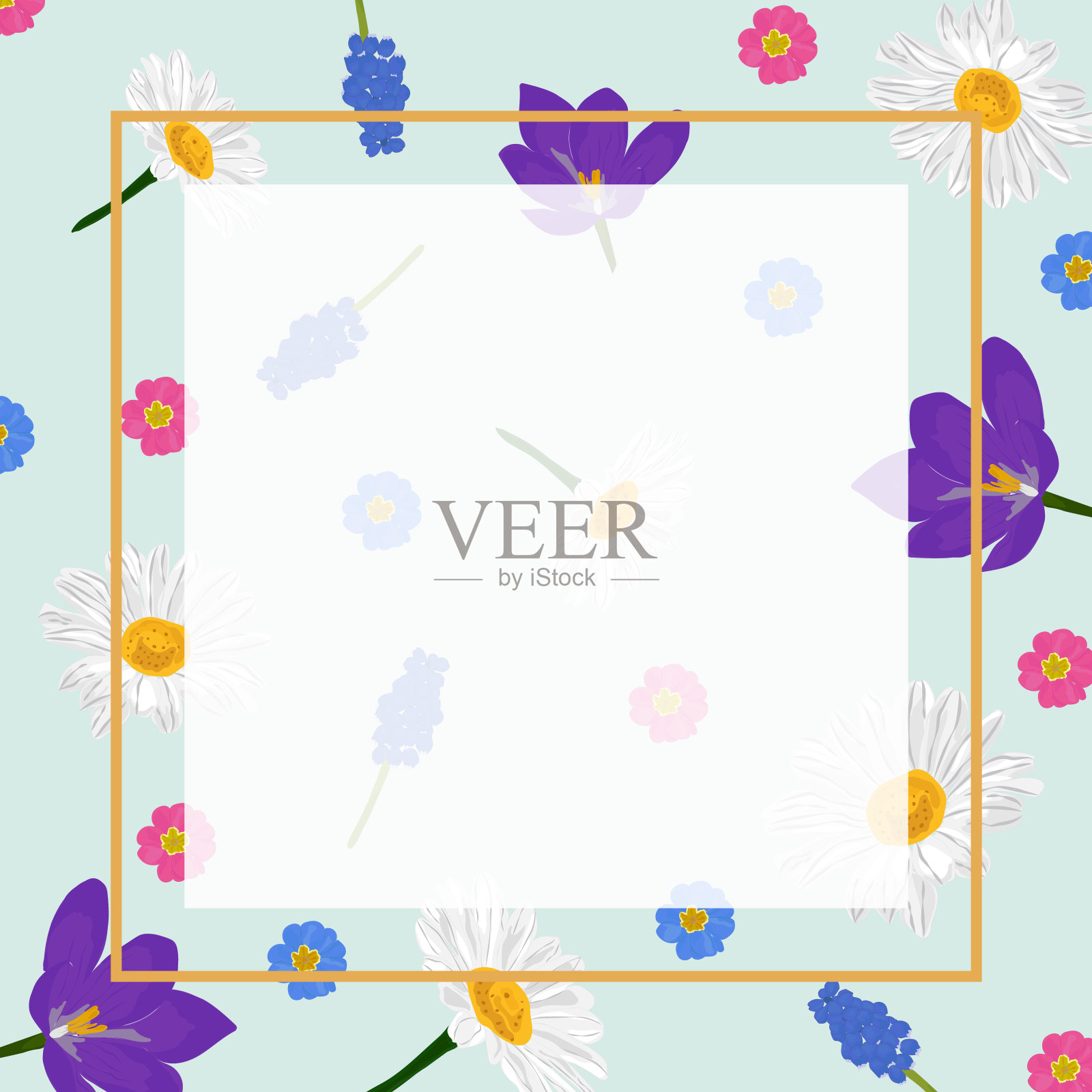 孤立的白色框架与文本空间在春天的花和蓝色背景。矢量插图。插画图片素材