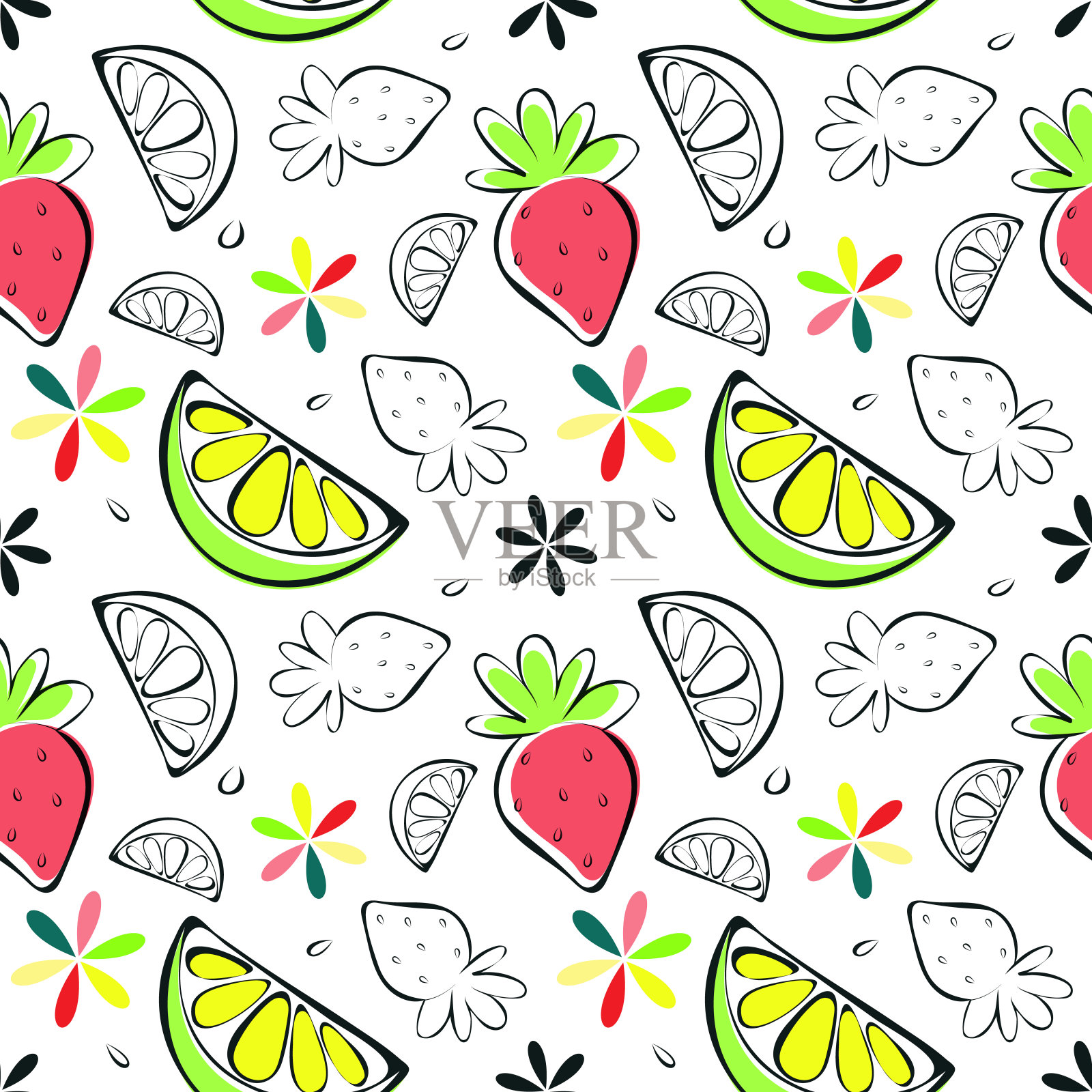 矢量夏季水果无缝模式，素描手绘柠檬片，草莓，透明形状，花朵颜色鲜艳的粉红色，石灰绿，黄色插画图片素材