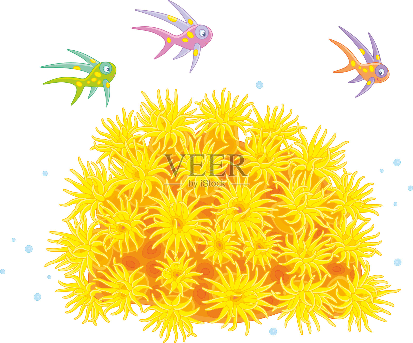 五颜六色的小鱼在海葵上面插画图片素材