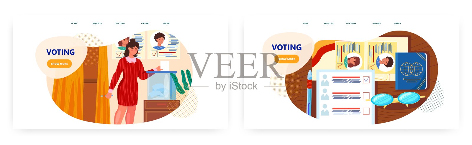 投票登陆页面设计，网站banner矢量模板集。投票人将选票投进投票箱。选举。插画图片素材