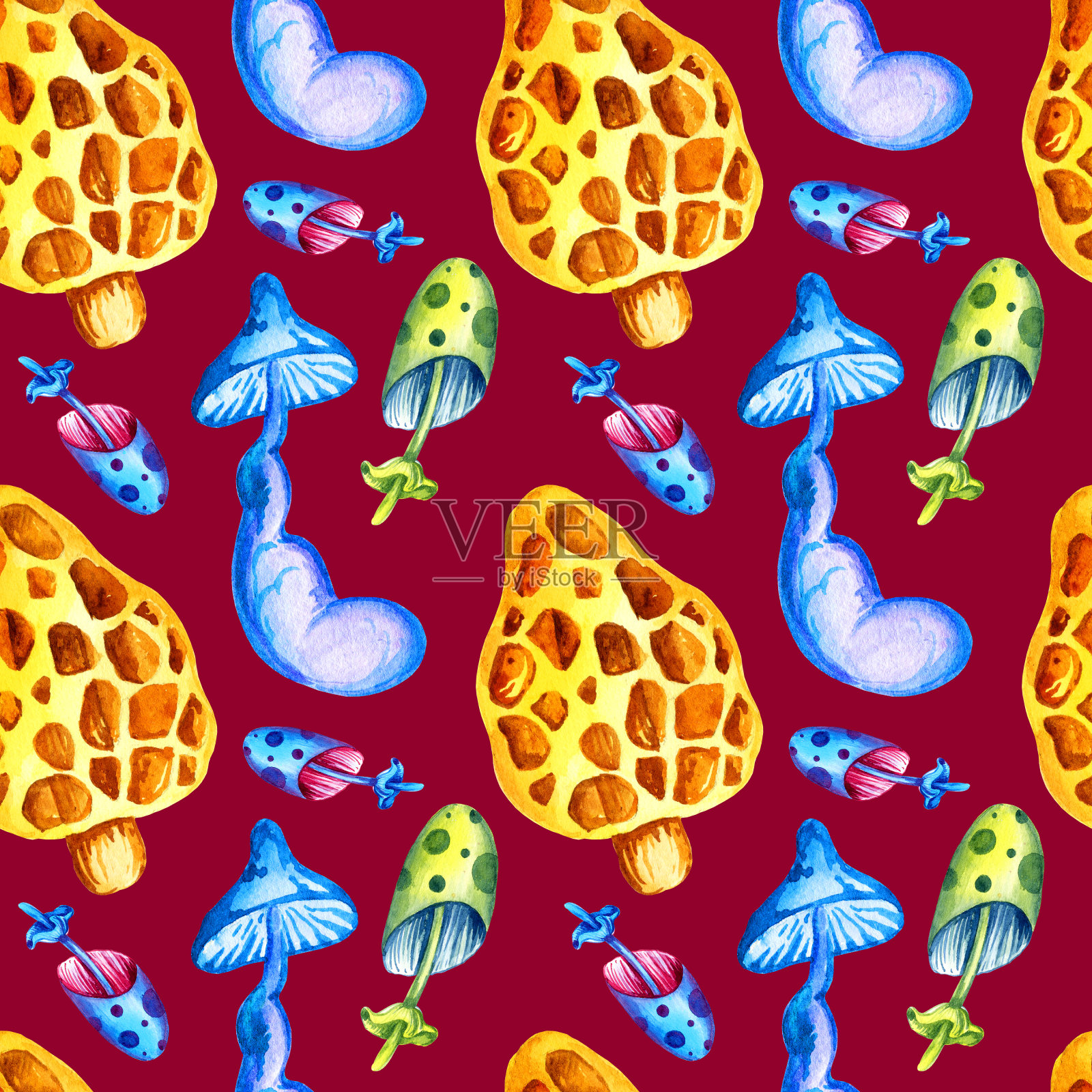 无缝图案与奇妙的宇宙蘑菇在紫色的背景，水彩手绘插图。霓虹色，紫色，粉色，蓝色，黄色插画图片素材