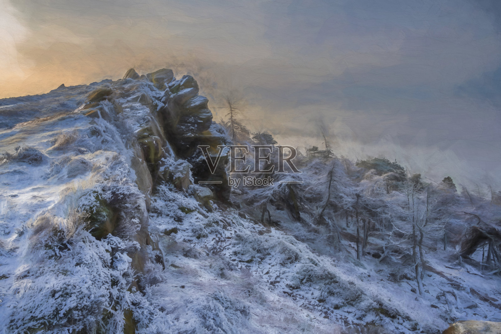 冬季日出云倒置的数字油画，和雪在蟑螂，斯塔福德郡照片摄影图片