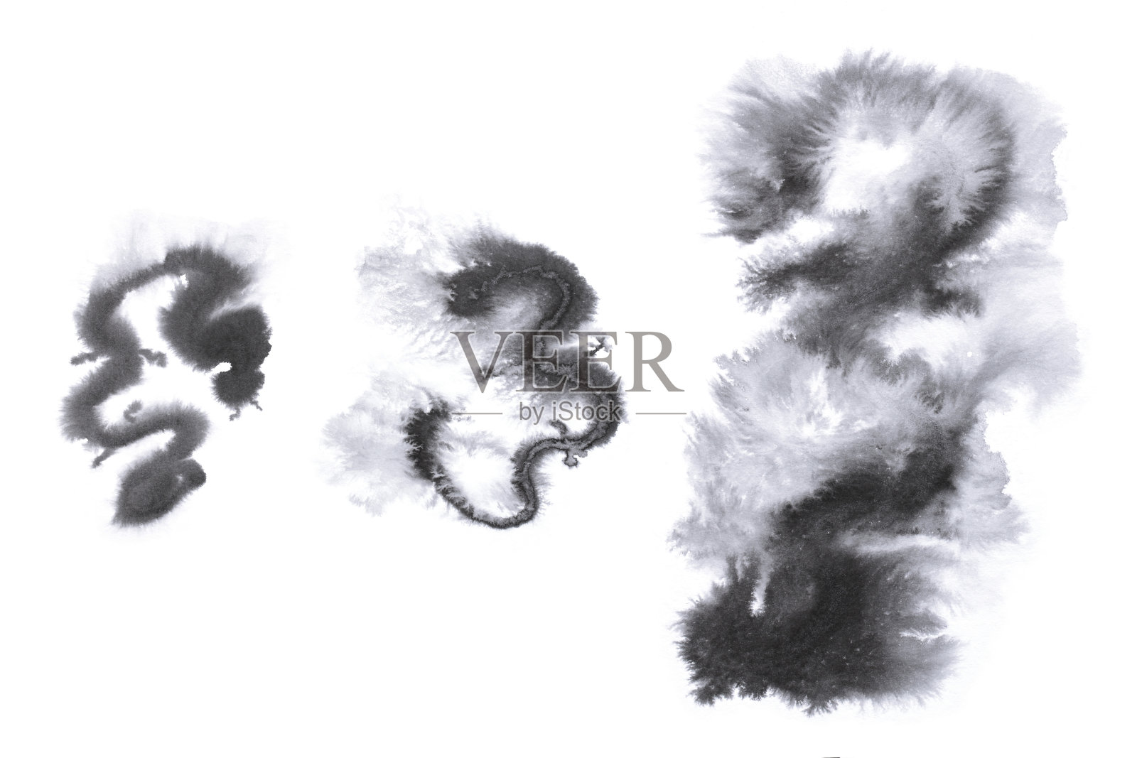 白底亚洲龙剪影，日本黑墨插图，水彩图像，抽象波浪线艺术插画图片素材