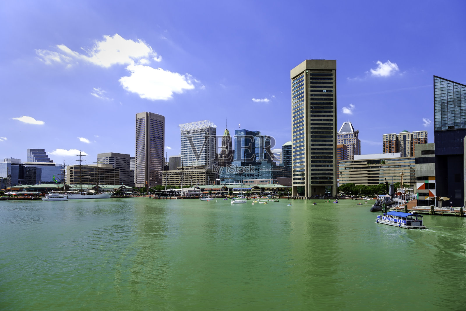 在一个温暖的夏日，美丽的蓝天下，著名的内港后面的巴尔的摩天际线。6月照片摄影图片