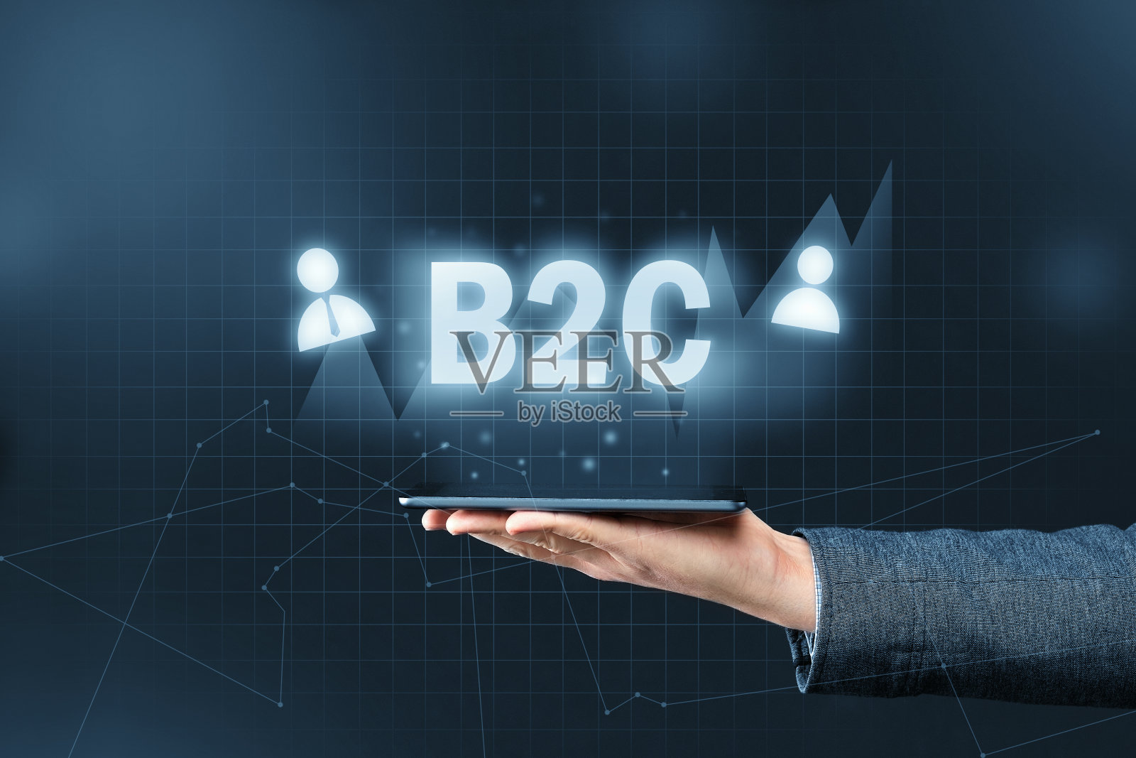 B2C的概念。企业到消费者图形铭文通过智能手机照片摄影图片