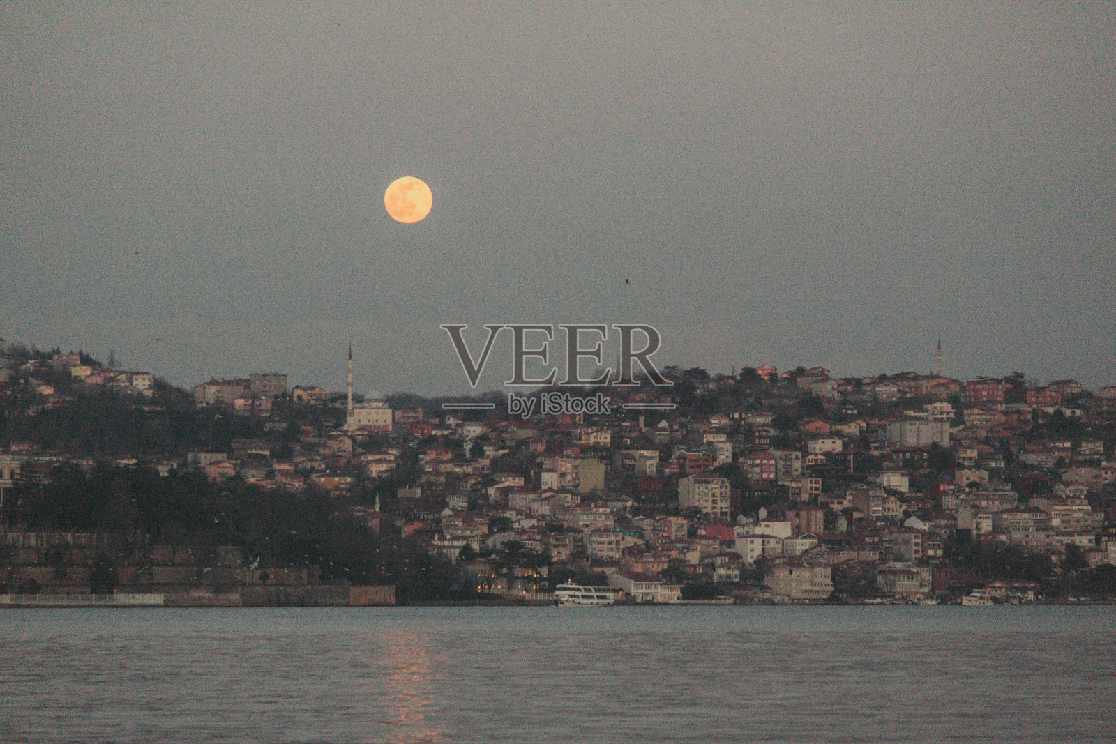 伊斯坦布尔博斯普鲁斯景观，马尔马拉海，Beykoz区天际线日落，满月的夜晚照片摄影图片