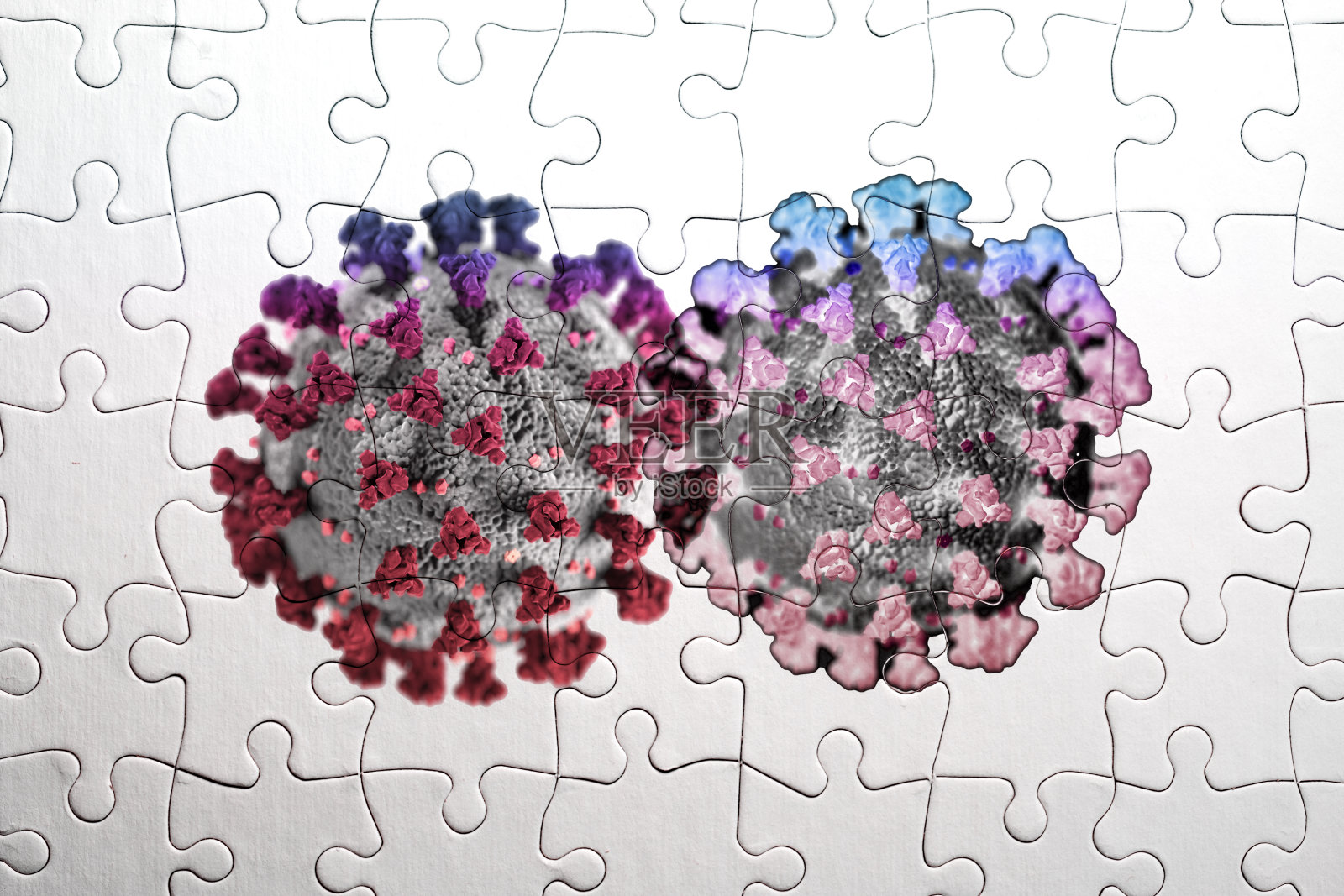 拼图游戏中的Covid-19基因变异和突变。冠状病毒。照片摄影图片
