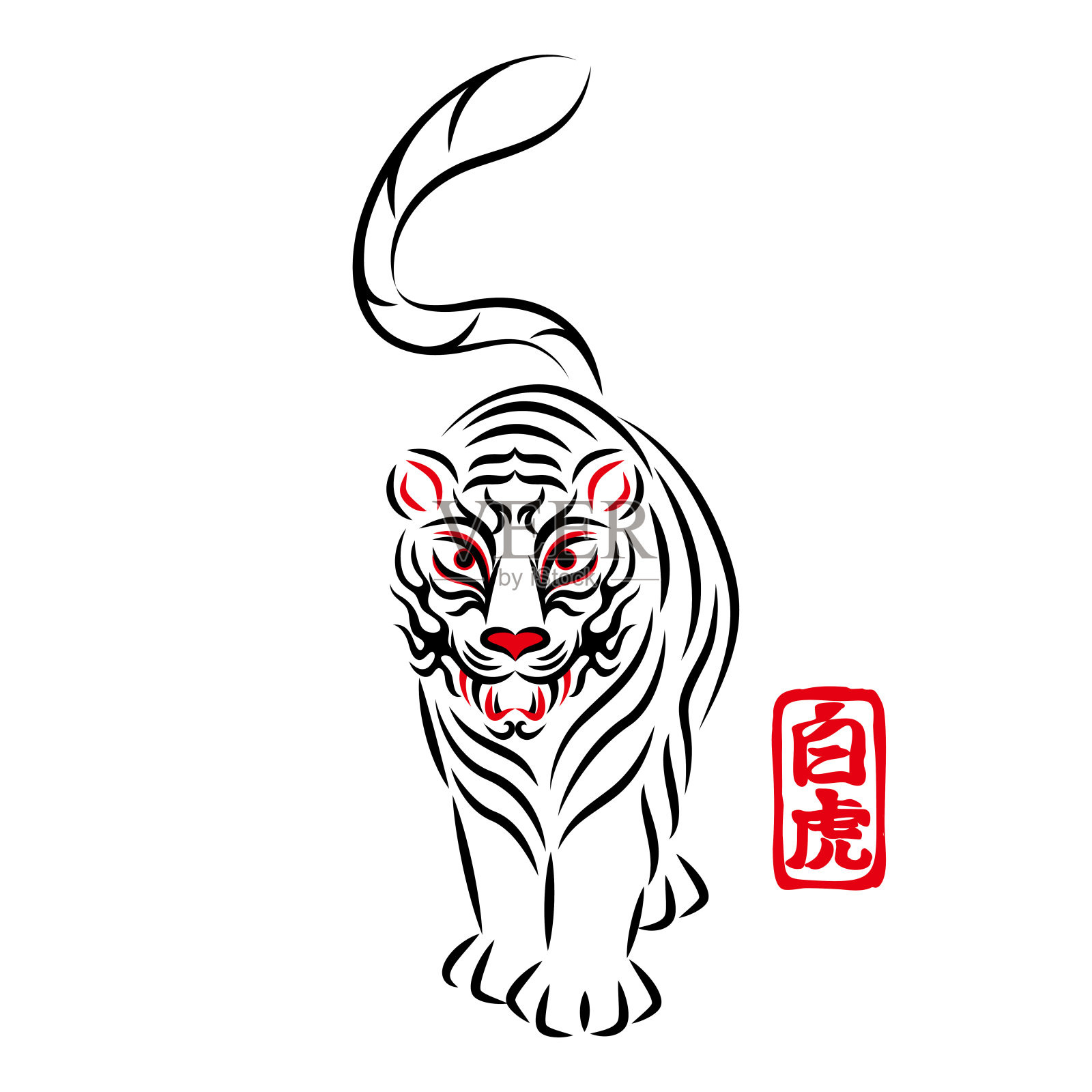 白虎白虎插画日本传统表演艺术歌舞伎舞台化妆熊田设计矢量白虎插画。日本传统表演艺术。歌舞伎舞台妆。Kumadori设计。向量。插画图片素材