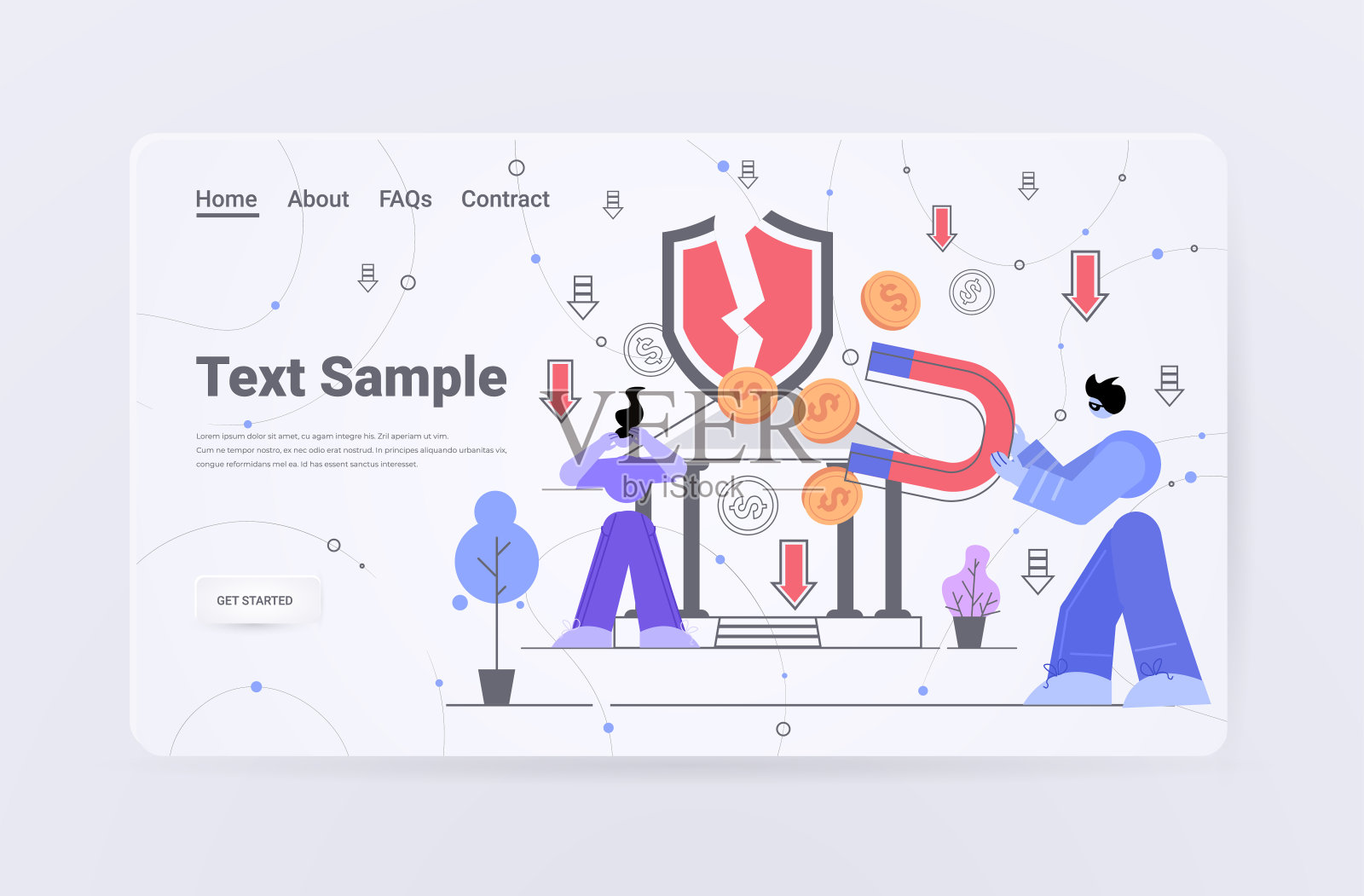 男子用磁铁攻击美元硬币盗窃银行资金的金融犯罪概念水平插画图片素材