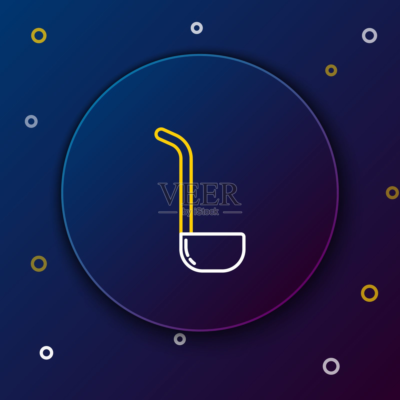 白色和黄色线厨房勺图标孤立在深蓝色的背景。烹饪用具。刀叉匙的迹象。色彩斑斓的轮廓的概念。矢量图插画图片素材
