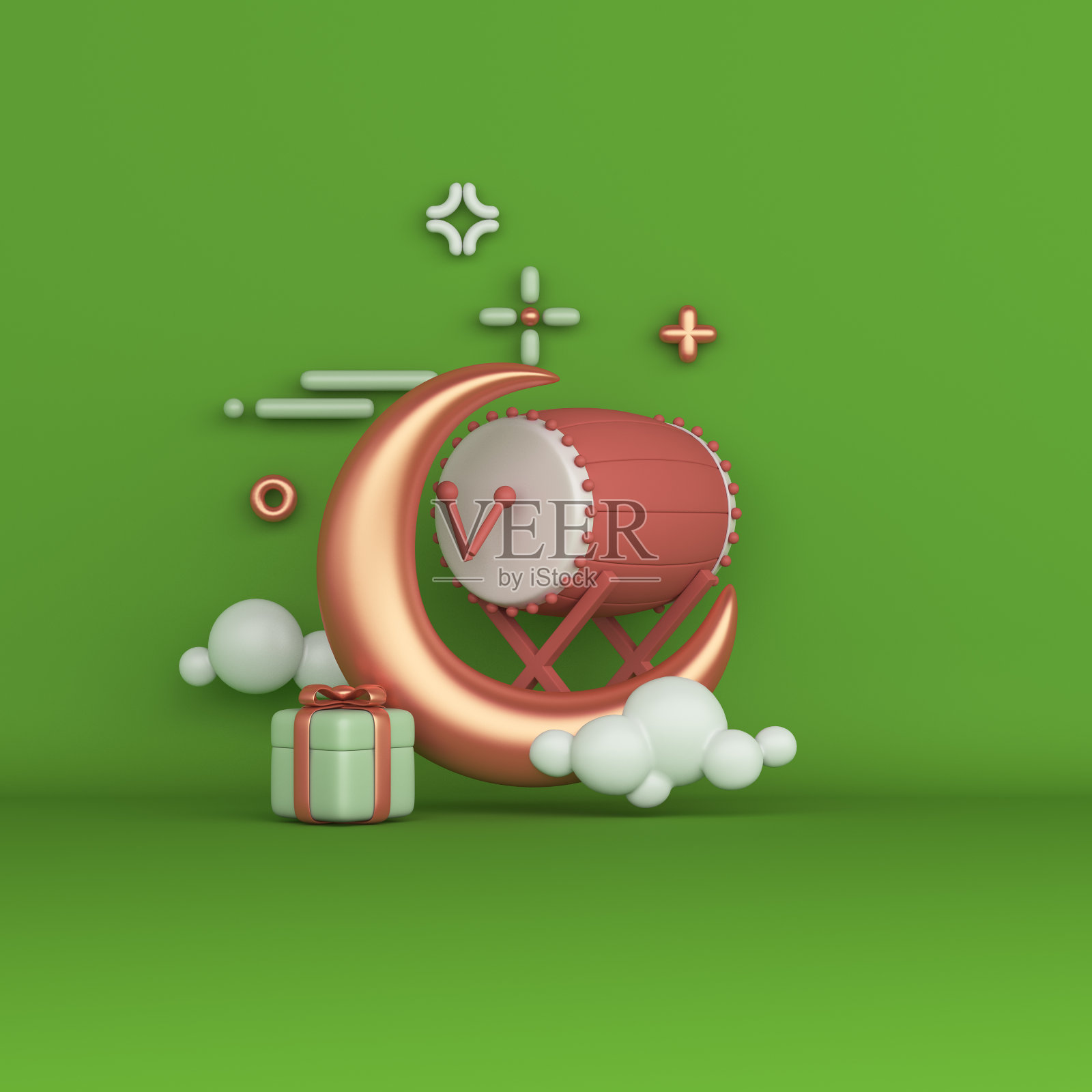 伊斯兰装饰背景bedug鼓，新月，礼盒，斋月kareem, mawlid，开斋饭，isra miraj, eid al fitr adha，穆哈兰，复制空间文本区域，3D插图。照片摄影图片