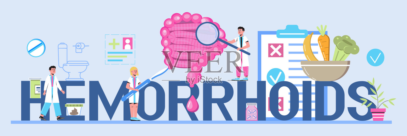 痔疮概念矢量网站，博客，标题。肠道医生检查，治疗肠道失调。肛肠科微型诊疗师做结肠镜检查。一滴血饮食计划医疗用品插画图片素材