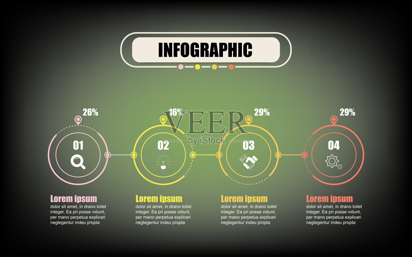 具有4个选项的创意演示业务信息图表模板。概念圆细线信息图形设计四个步骤。矢量信息图圆模板为插图背景网格颜色。插画图片素材