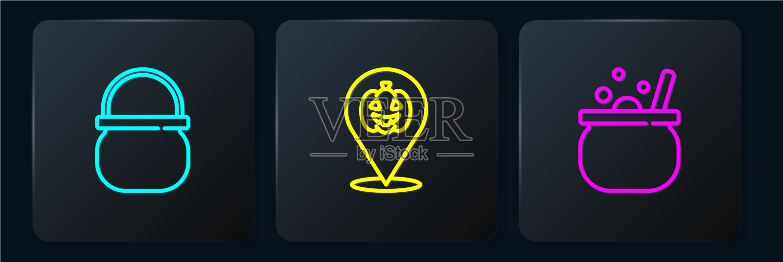 设置万圣节女巫坩埚和南瓜线图标素材