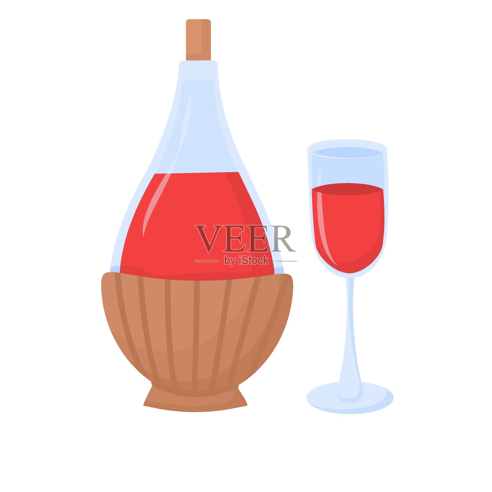 矢量插图红葡萄酒瓶在藤条站与一个玻璃杯，孤立在一个白色的背景插画图片素材