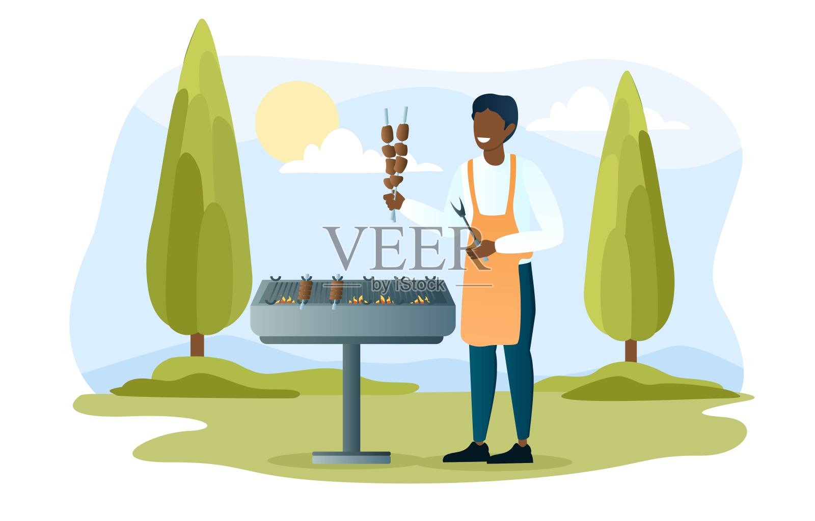 快乐的男人暑假煮美味的饭菜插画图片素材