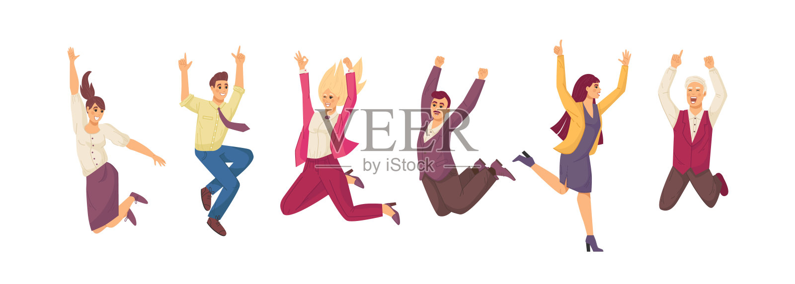 Happy jumping office peoplÐµ. Office workers rejoice at luck, success in teamwork. Fun colleagues at work dance together flying, laughing, smiling. Workers in workplace cartoon vector插画图片素材