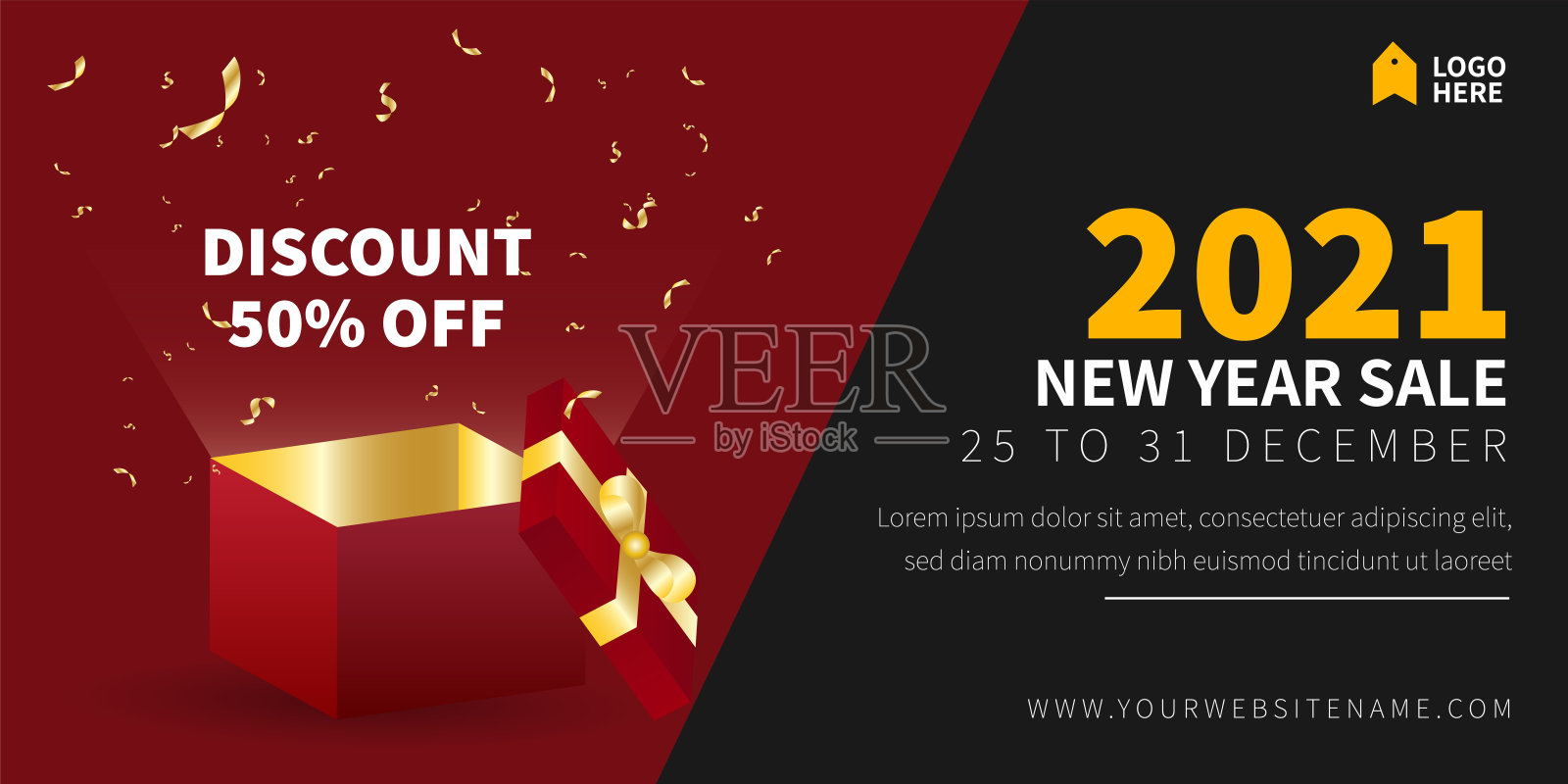 2021年新年销售横幅促销设计模板概念组合现实的开箱。在线网站横幅广告设计矢量设计模板素材