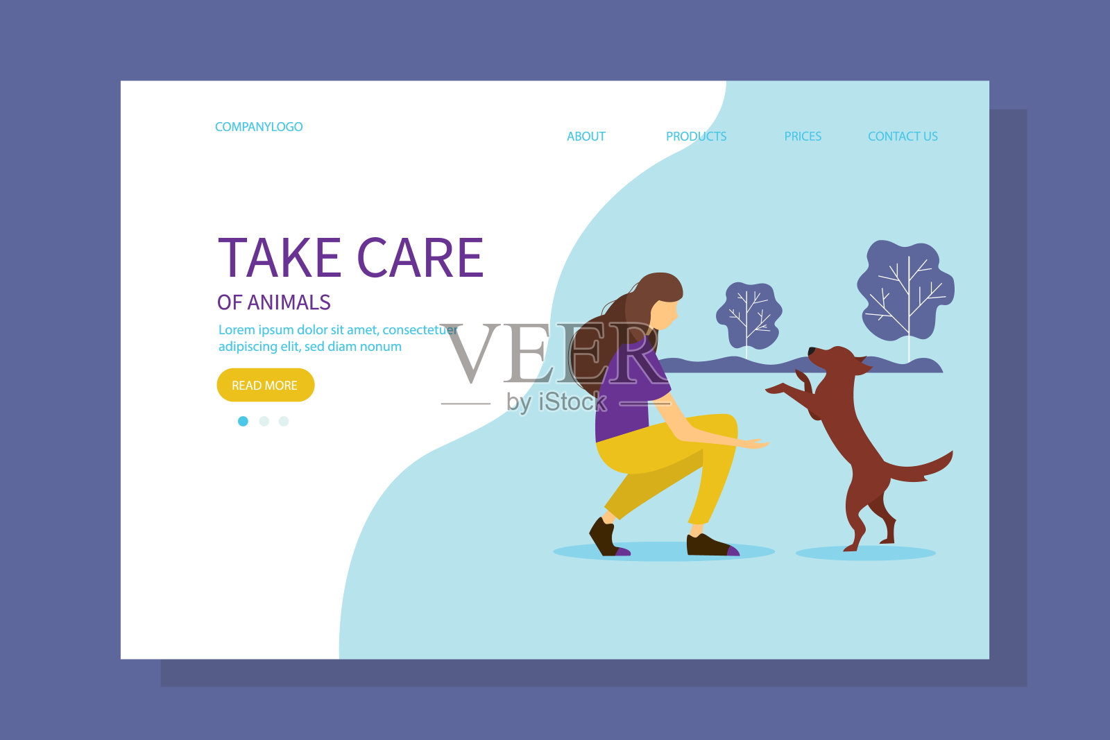 一个女人在玩狗。49、关爱动物理念，保护动物。可爱的平面风格矢量插图。插画图片素材