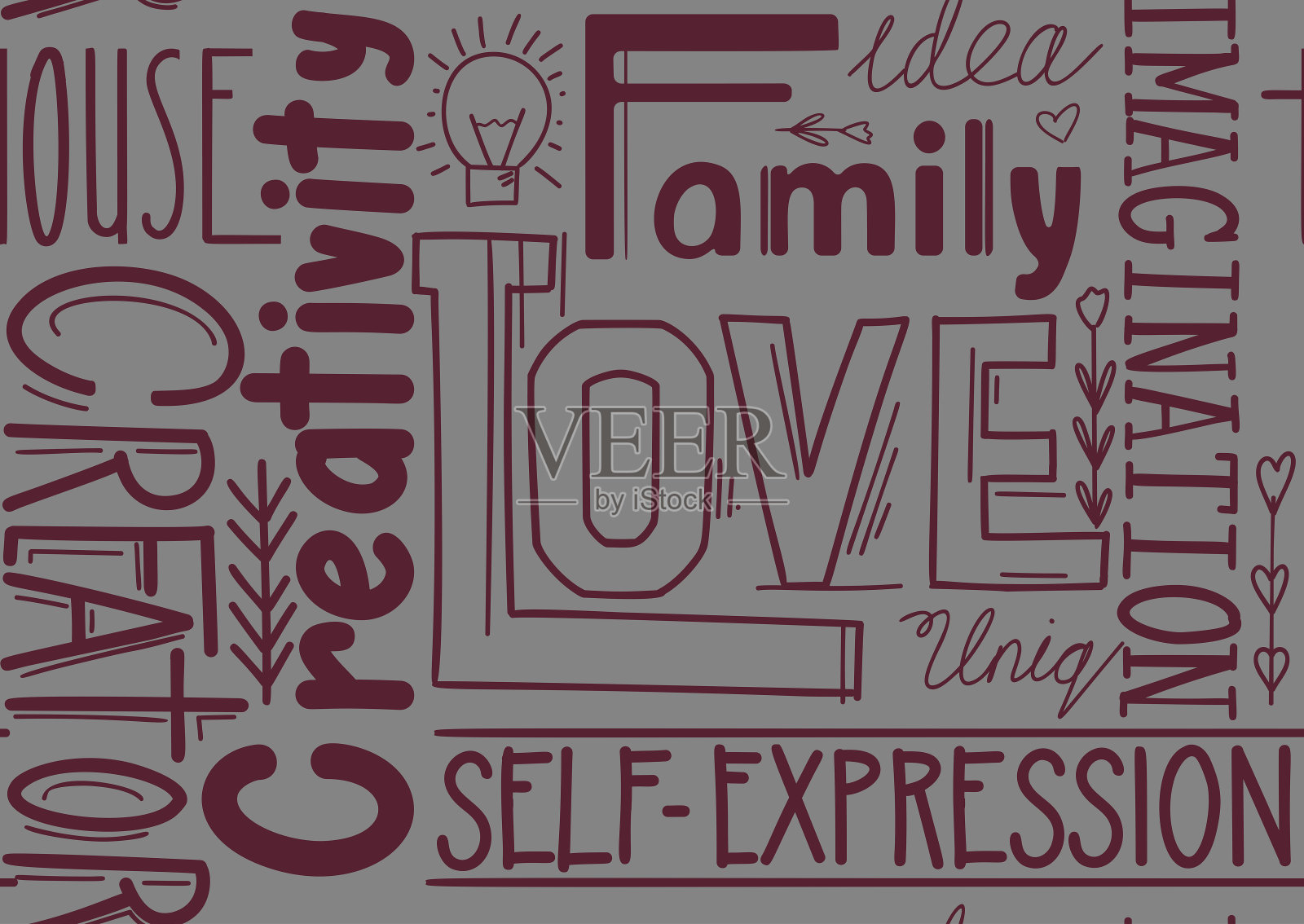 无缝的文字模式。墙纸由字母组成。家庭和爱。创造力和自我实现。引用和短语的结构。插画图片素材