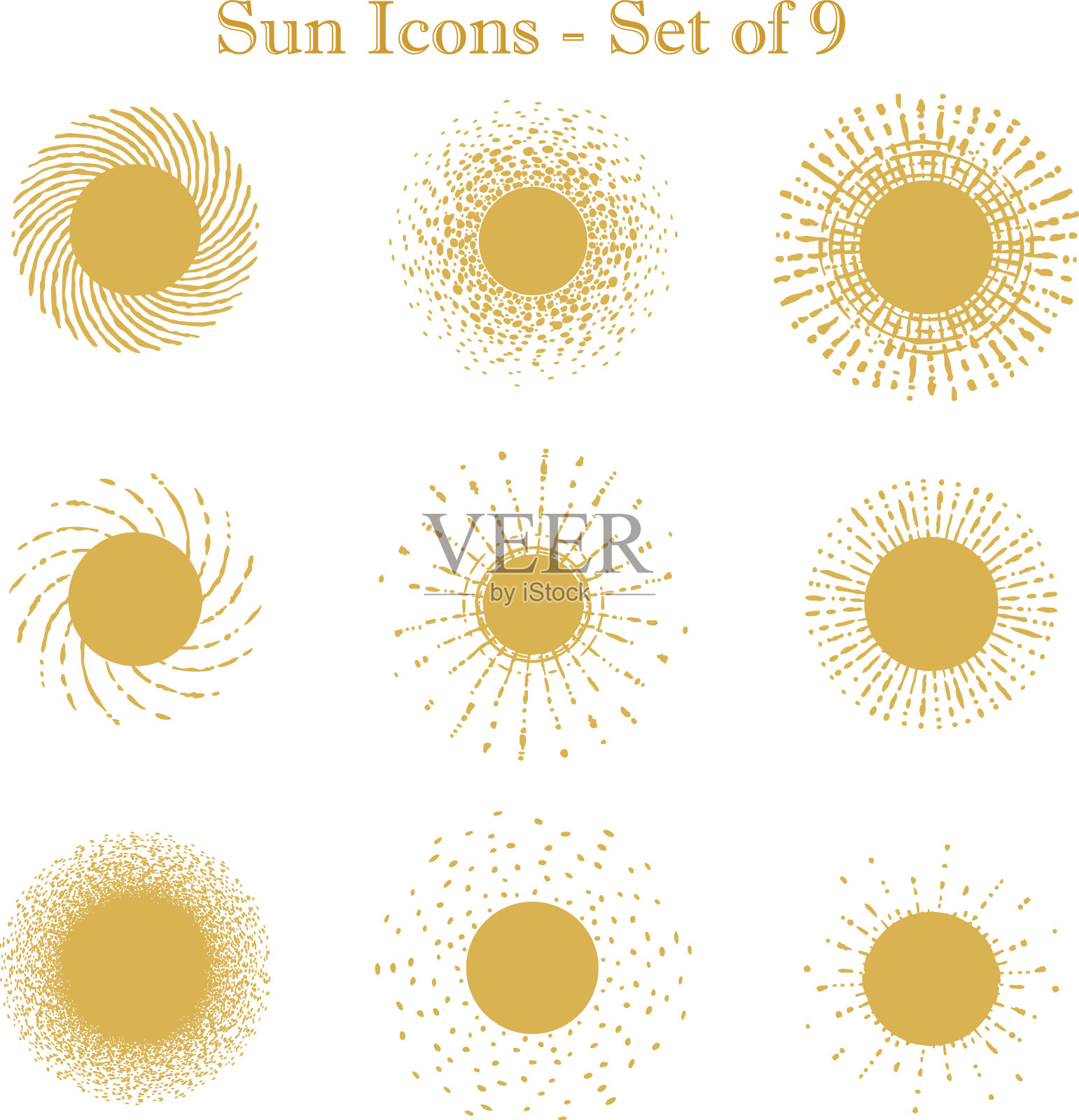金色太阳爆发图标向量集。太阳符号。插画图片素材