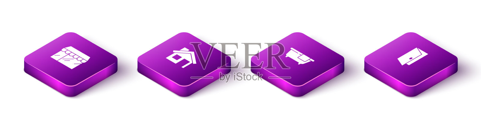 设置等距市场，商店，房子，浴缸和图标素材