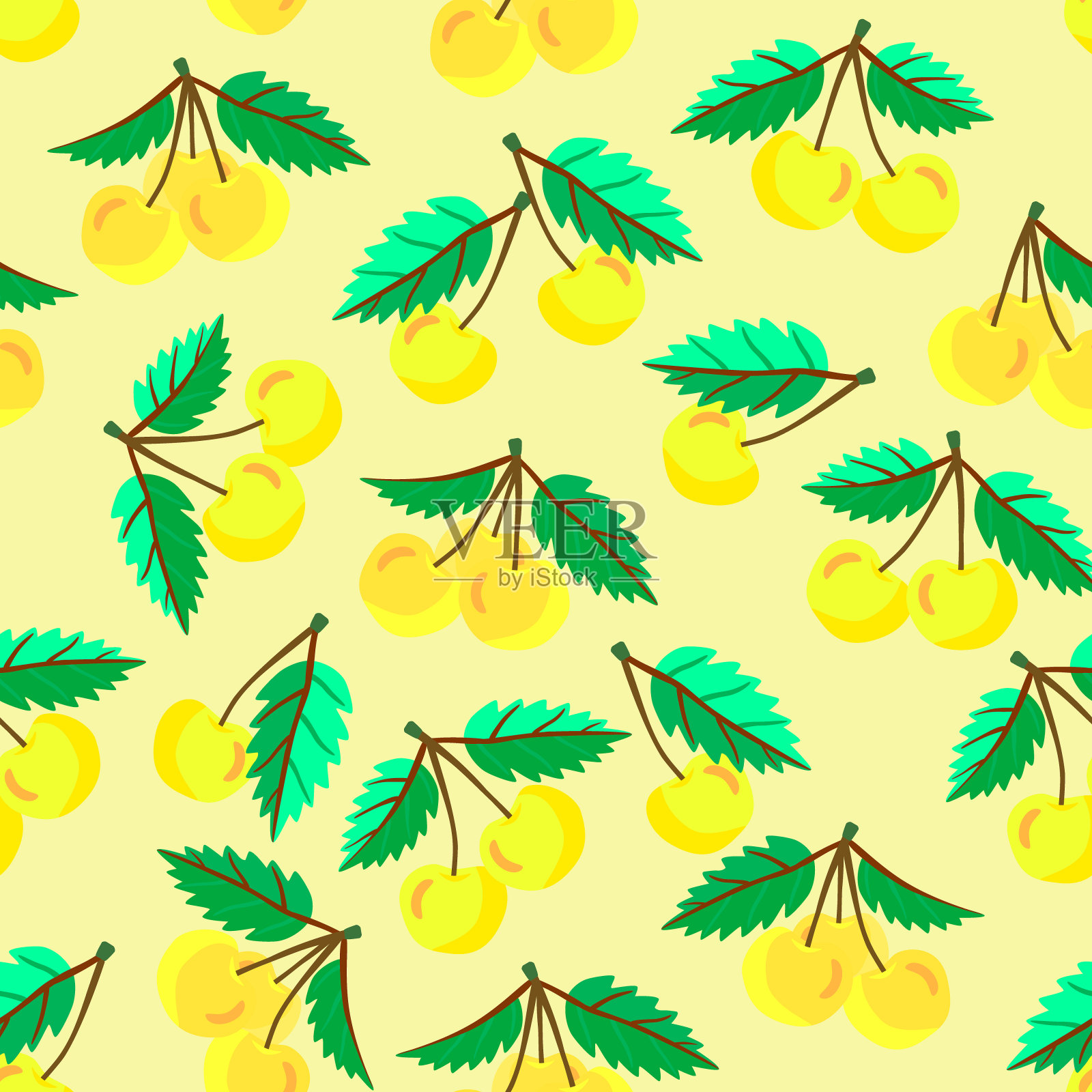 向量-樱桃叶无缝模式。插画图片素材