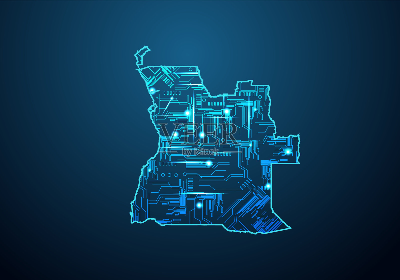 安哥拉的抽象未来地图。电路板设计电气区域。技术背景。把线和点比例尺混搭在地图上。插画图片素材