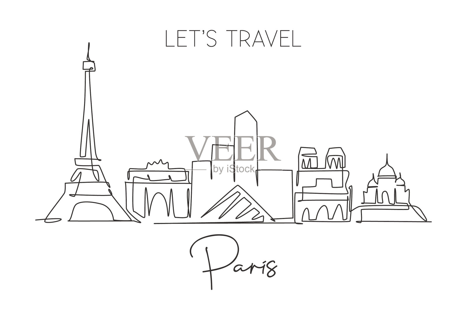 一条线画出了巴黎的天际线插画图片素材