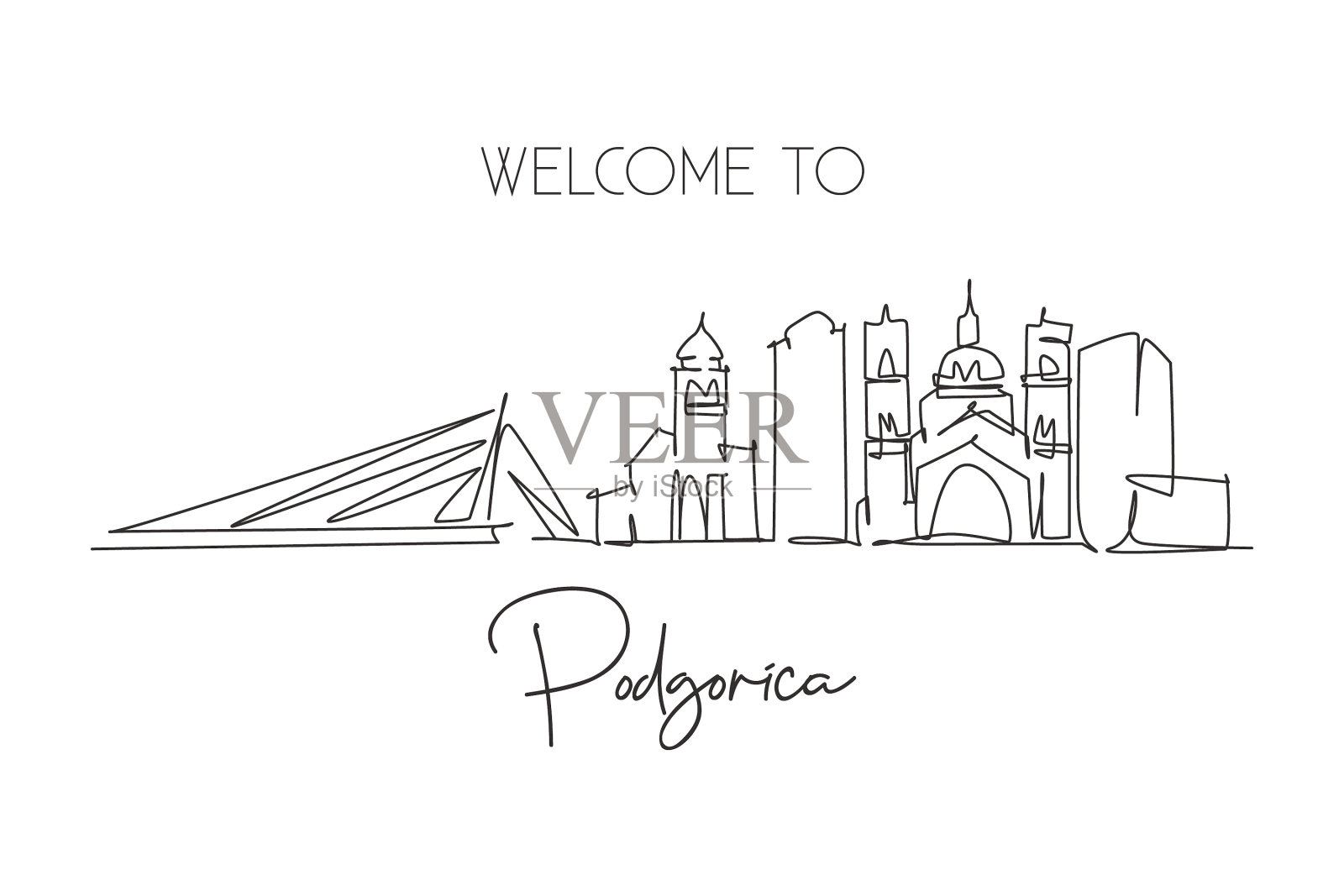一条连续的线画出了波德戈里察城插画图片素材