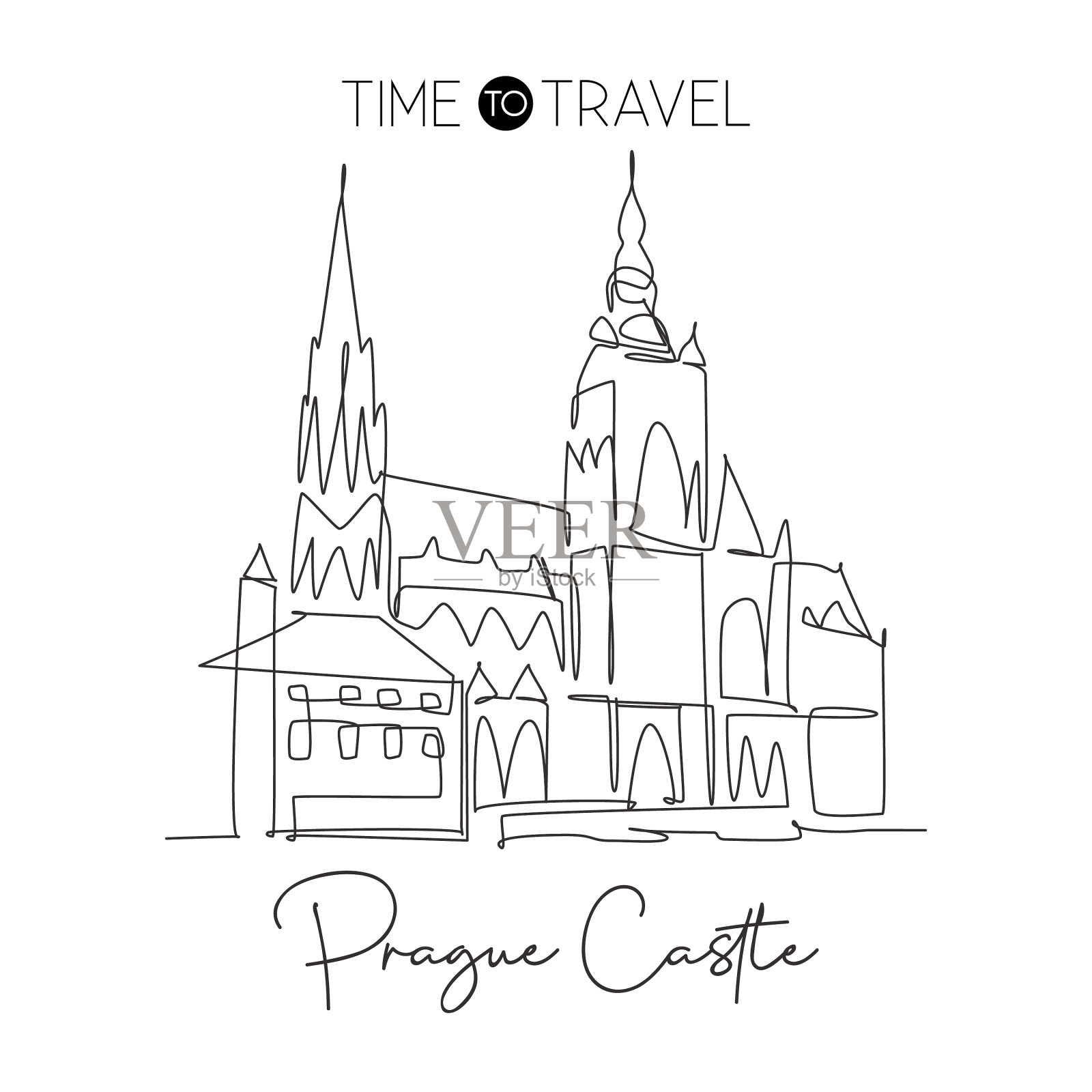 用一条线画出布拉格城堡的地标插画图片素材