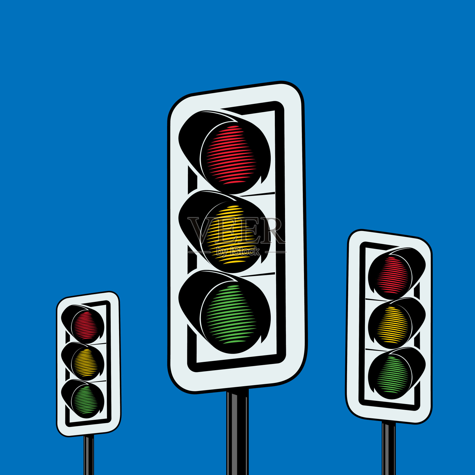 蓝天背景上的三个交通灯。红色，黄色和绿色。插画图片素材