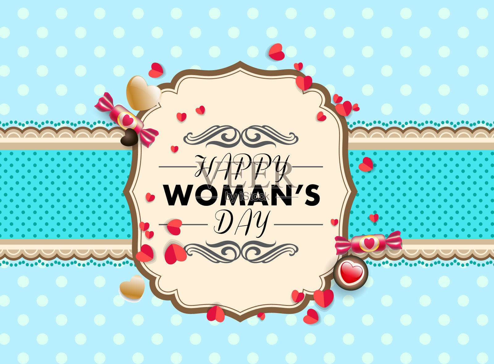 妇女节节日海报设计。贺卡上有鲜花和装饰文字。插画图片素材