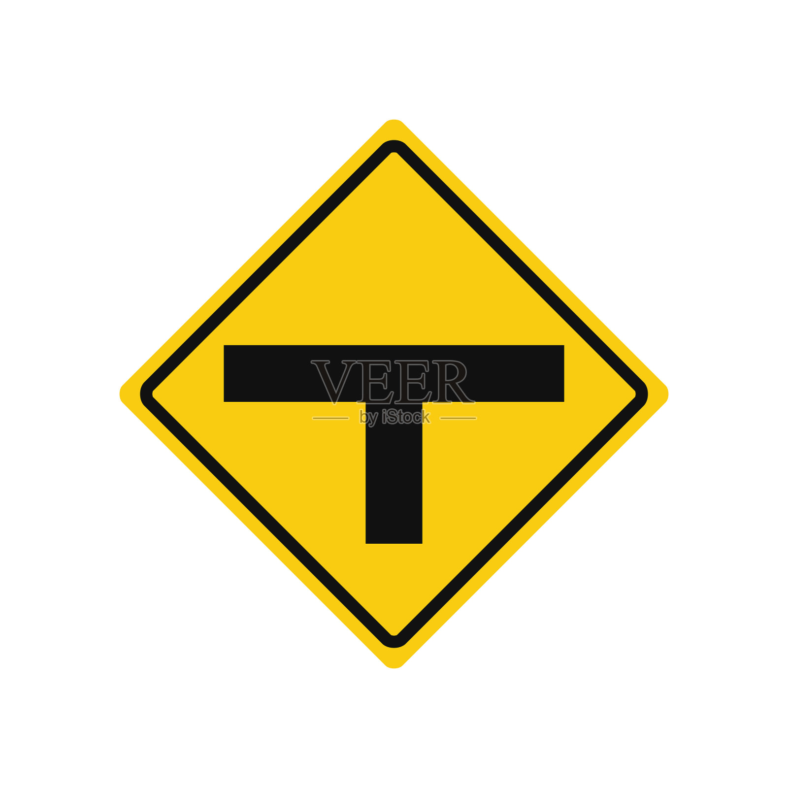 黄色和黑色的菱形交通信号，孤立在白色背景上。丁字路口警告设计元素图片