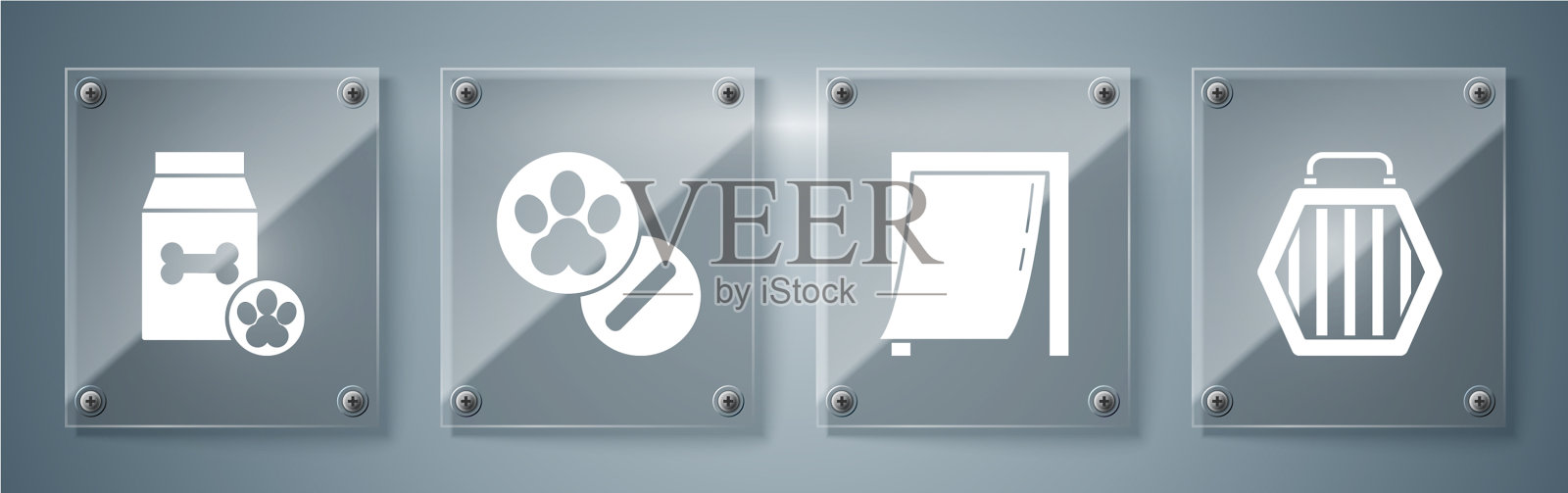 设置宠物携带箱门，用于宠物狗和药丸图标素材