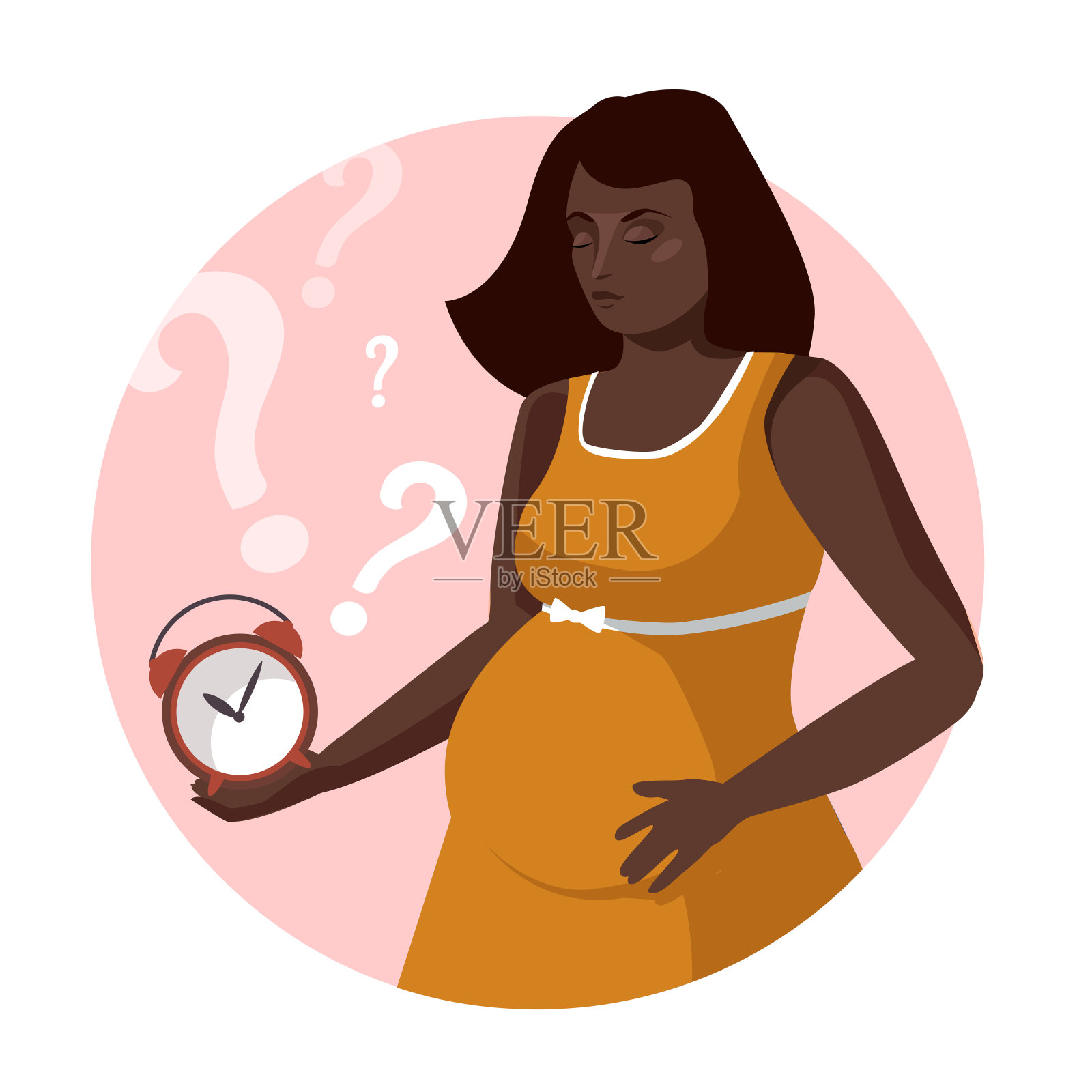 女孩在等孩子。年轻女子在等待分娩的开始。女人与时钟插画图片素材