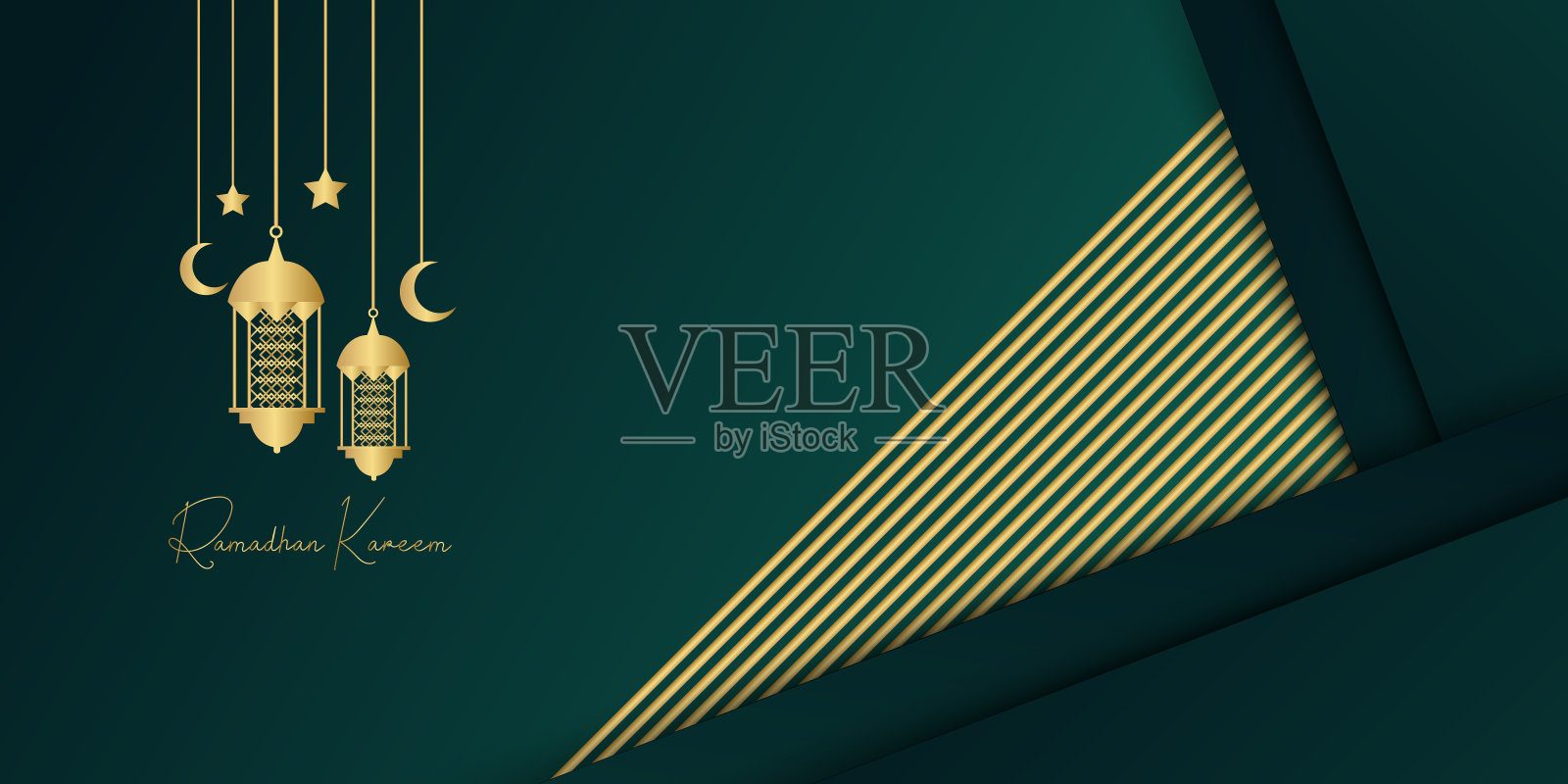 金色和深绿色的托斯卡斋月背景与灯笼，月亮和月牙装饰。伊斯兰贺卡的设计理念。豪华阿拉伯式图案阿拉伯东方风格的封面，小册子，传单，横幅插画图片素材
