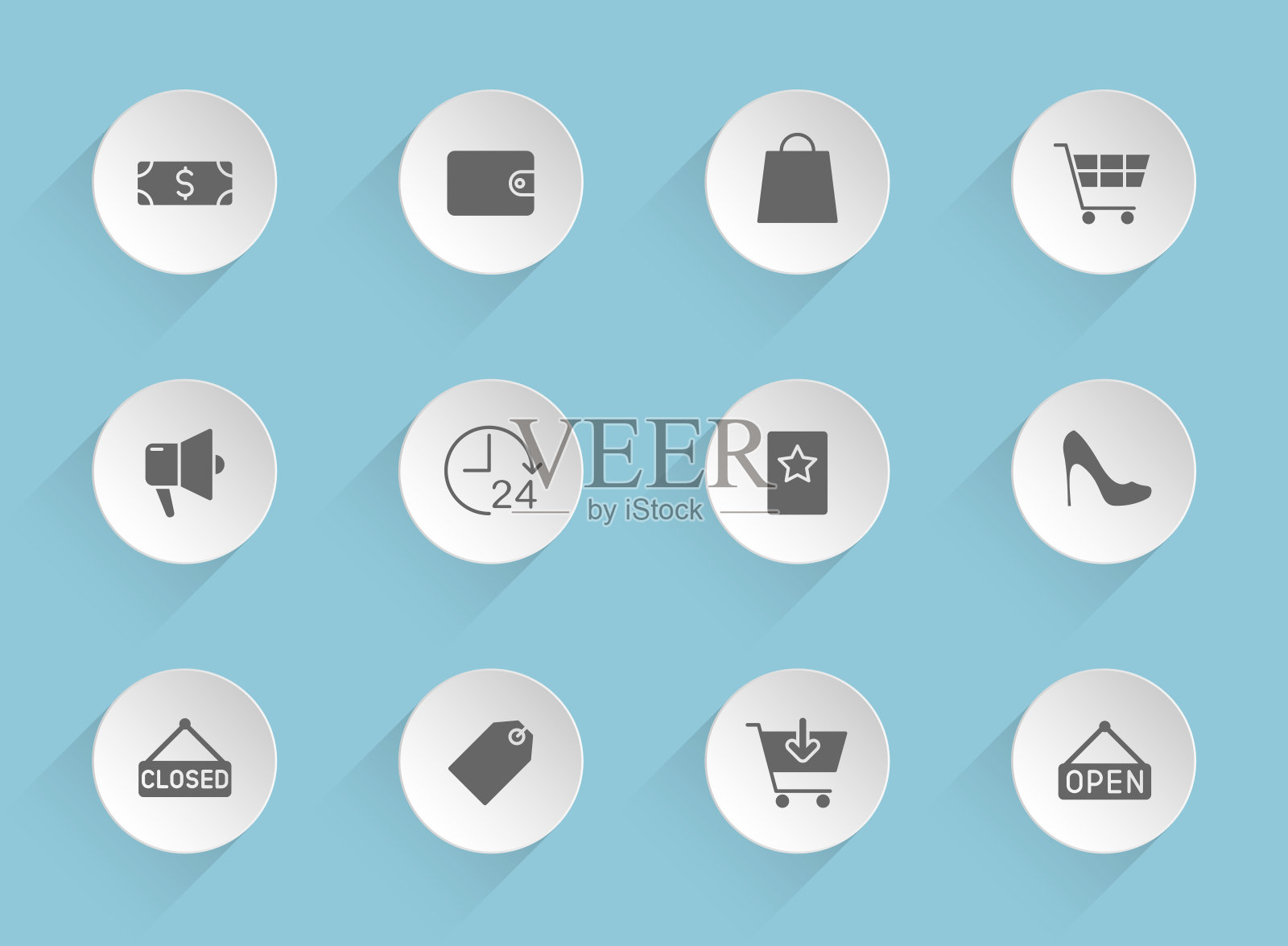 购物矢量图标在圆形的蓬松的纸圈与透明阴影在蓝色的背景。购物库存矢量图标为网页，移动和用户界面设计图标素材