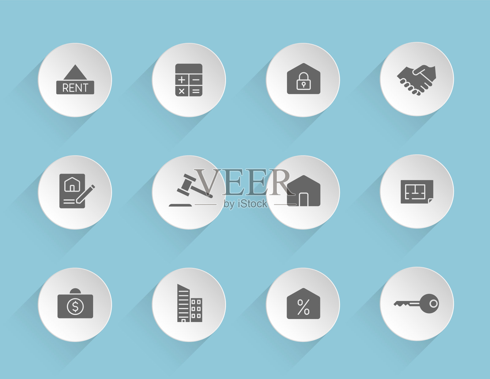 不动产矢量图标在圆形的蓬松的纸圈和透明的阴影在蓝色的背景。房地产股票矢量图标，用于网页，移动和用户界面设计图标素材