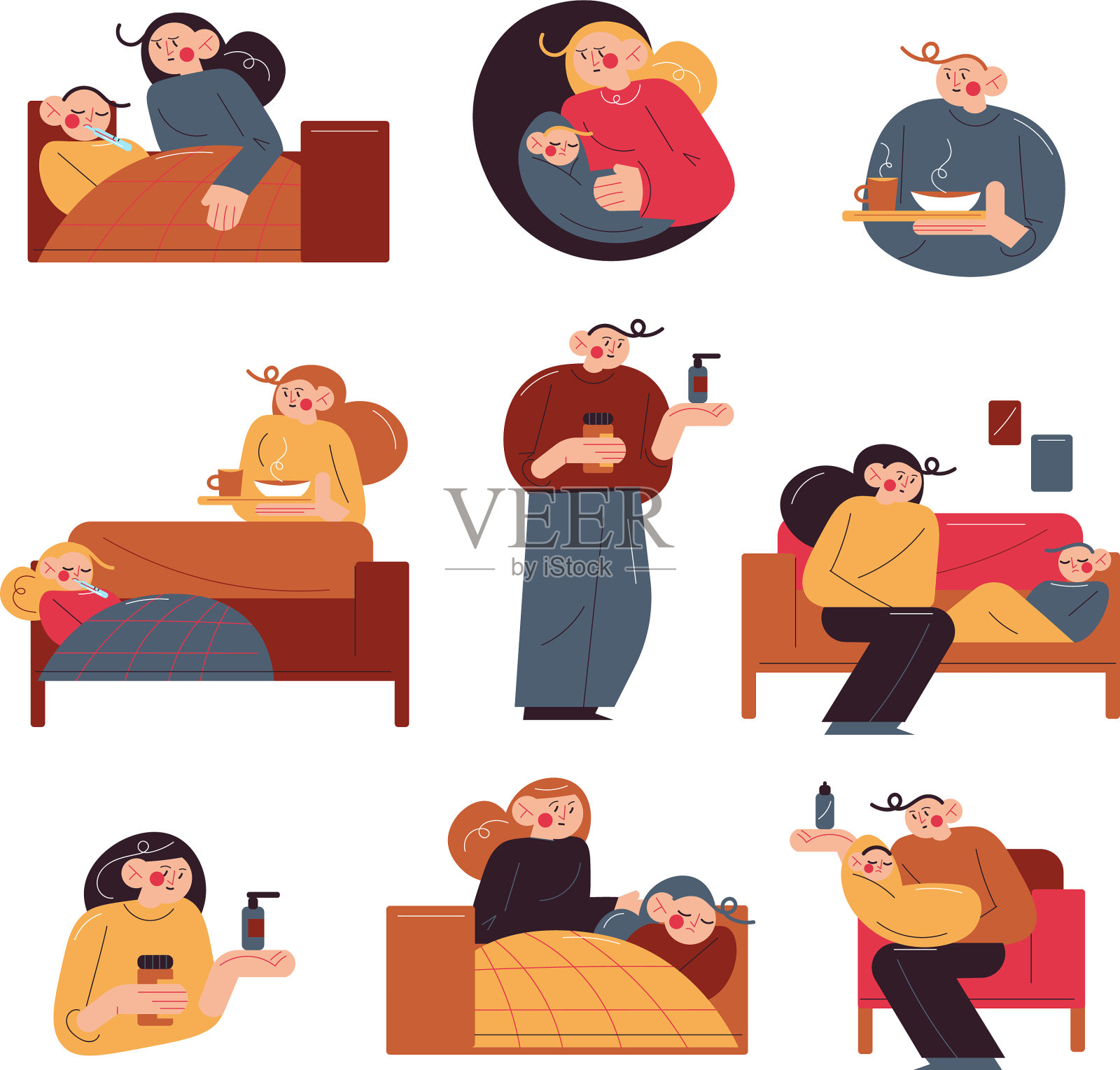 让父母照顾他们生病的孩子插画图片素材