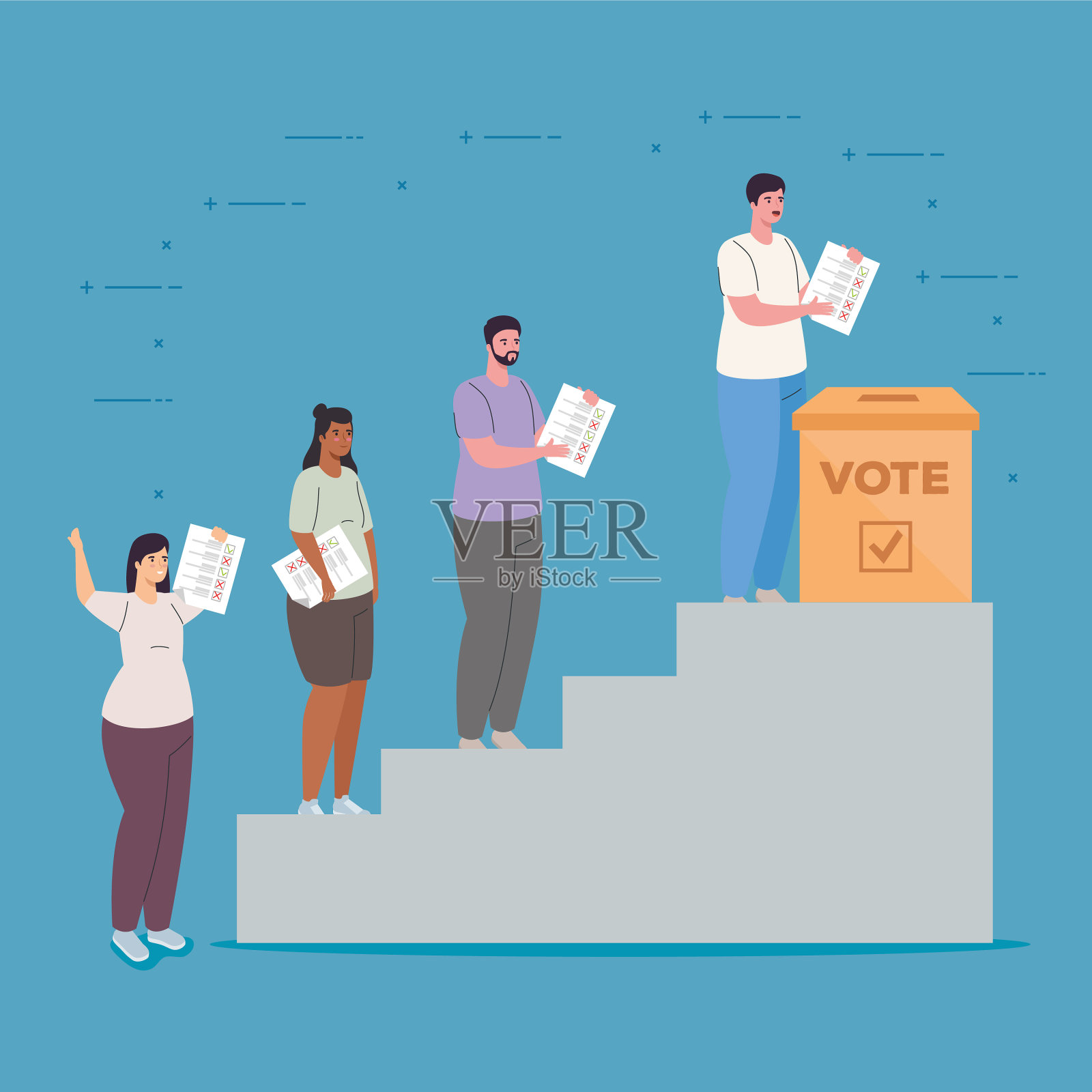 女人和男人的漫画，在梯子上的投票箱插画图片素材