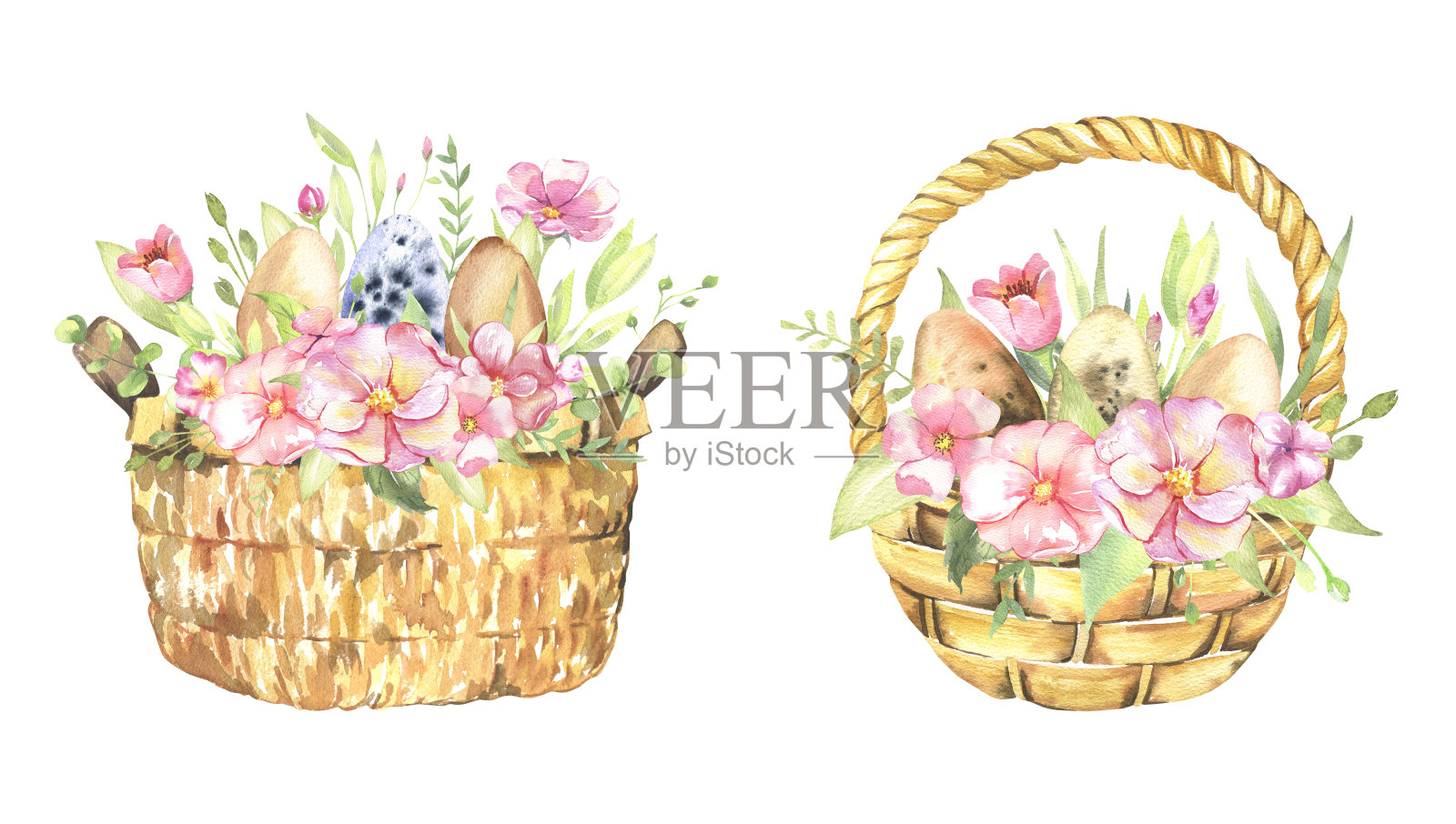 用天然的鸡蛋和春天的花朵做成的复活节篮子是快乐的。手绘水彩插图孤立的白色背景插画图片素材