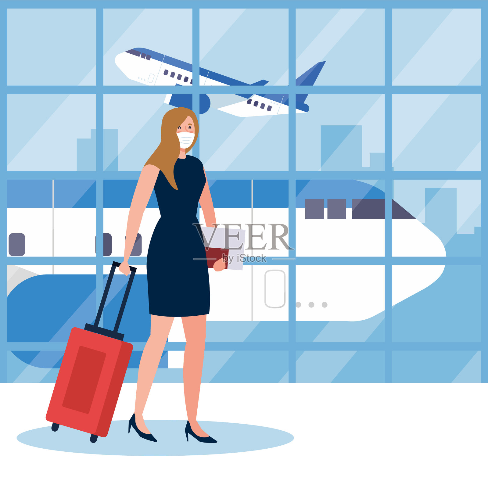 新常态的女人戴着面具和包在机场插画图片素材