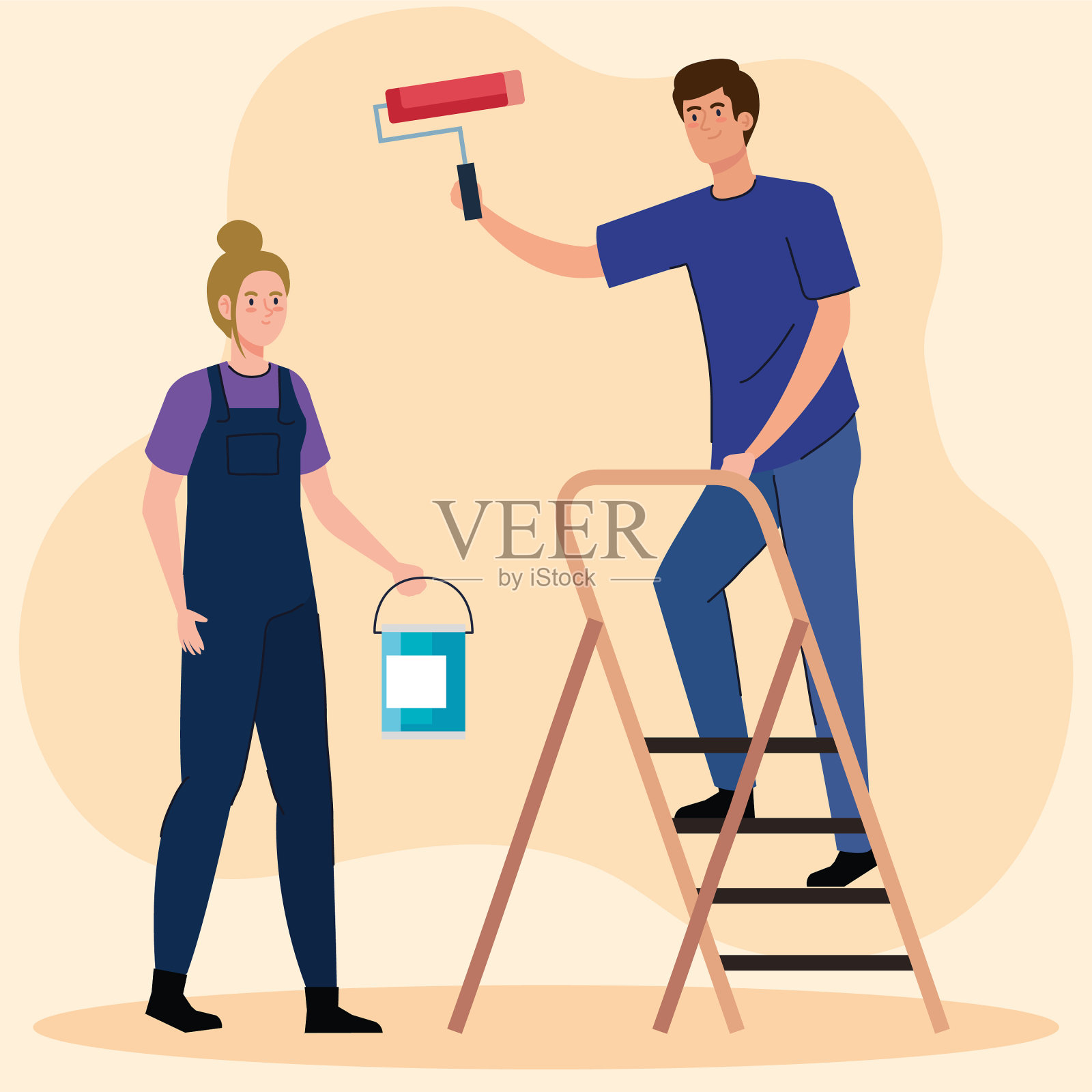 女人和男人的卡通画用滚桶插画图片素材